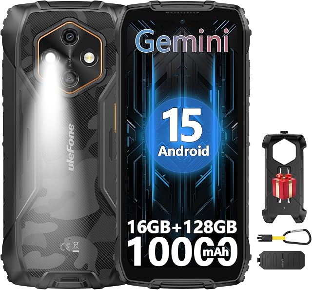 Ulefone RugKing 4 Pro Tough AI Rugged Phone, 10000 mAh 16GB + 128GB, Android 15 Octa-Core 48MP 6.56" 120Hz, 120LM Super Torch/3 Card Slots/IP68/IP69K/NFC, Package with Exclusive Armor Case- Black