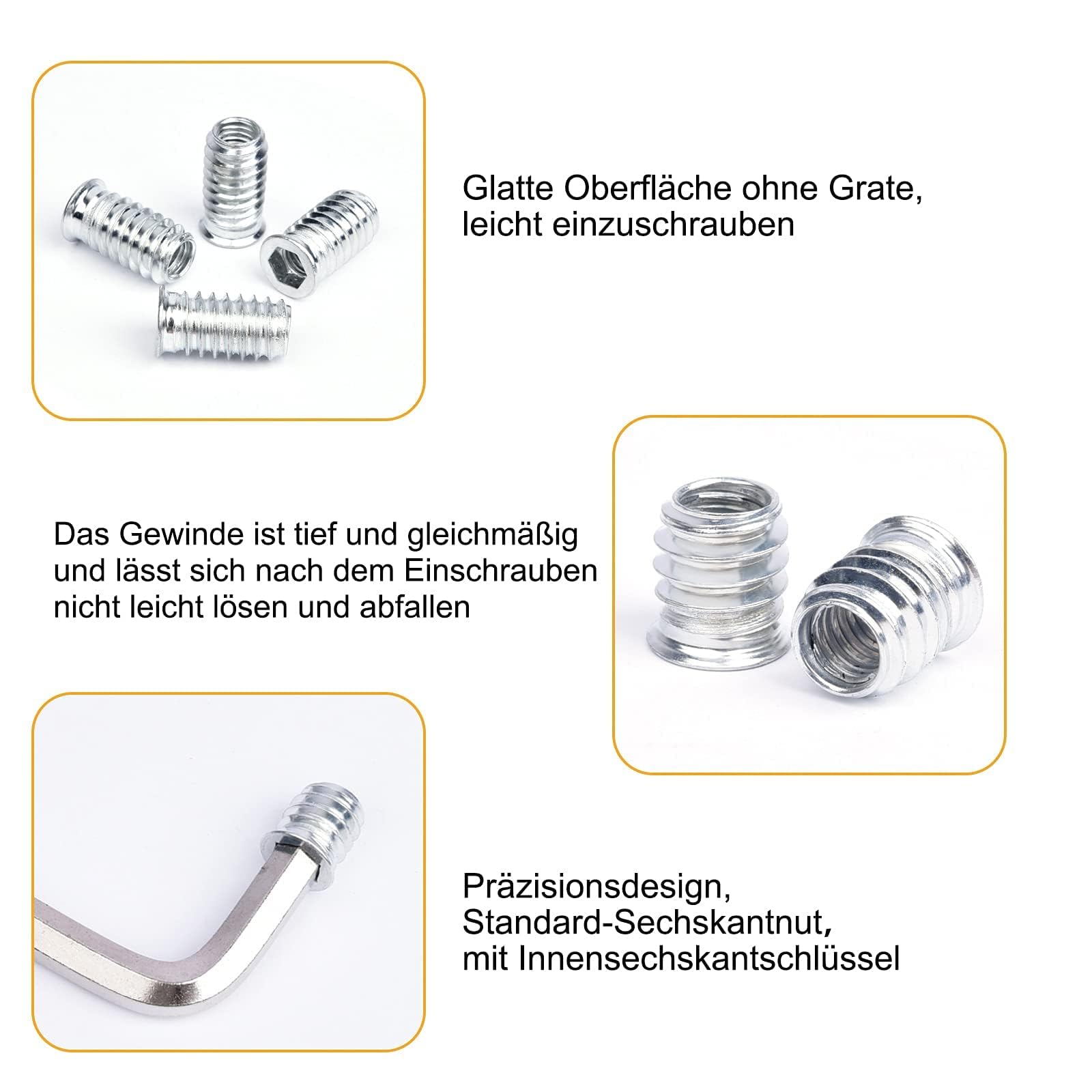 VIGRUE Lot de 80 écrous à visser M6 x 20 mm - Insert fileté pour bois - Pour meubles en bois - Écrous hexagonaux hexagonaux en acier galvanisé