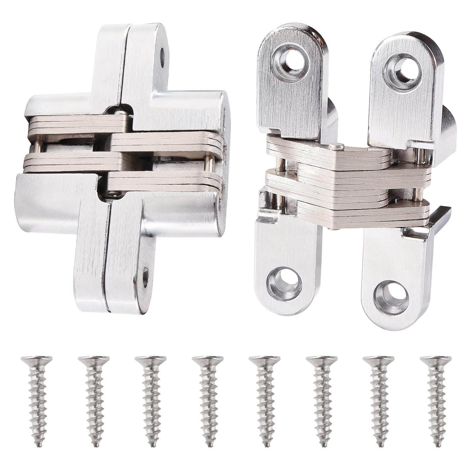 VooGenzek 2 PCS 68.5mm Invisible Cross Hinge, 180° Zinc Alloy Hidden Hinge Invisible, Folding Door Concealed Hinges, with 8 PCS Screws, for Furniture Hardware Cupboard, Silver