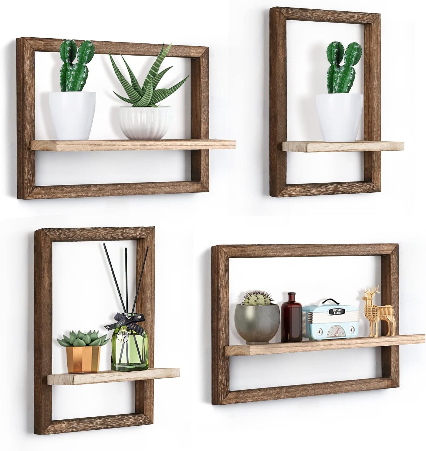 idee-home Floating Shelves for Wall, Rustic Square Hanging Floating Shelves Set of 4 Wood, Wall Decor Mounted Bathroom, Living Room, Kitchen Storage