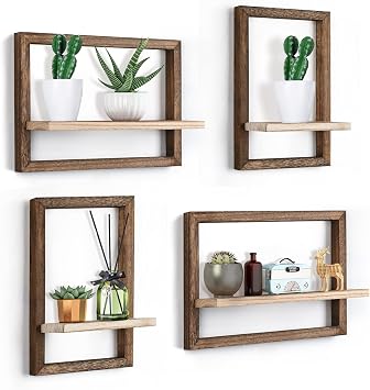 idee-home Floating Shelves for Wall Set of 4, Square Wood Floating Shelf for Plant, Decorative Storage Hanging Shelf, Wall Mounted Bathroom, Bedroom, Living Room, Kitchen Decor, 15 Inch Rustic Brown