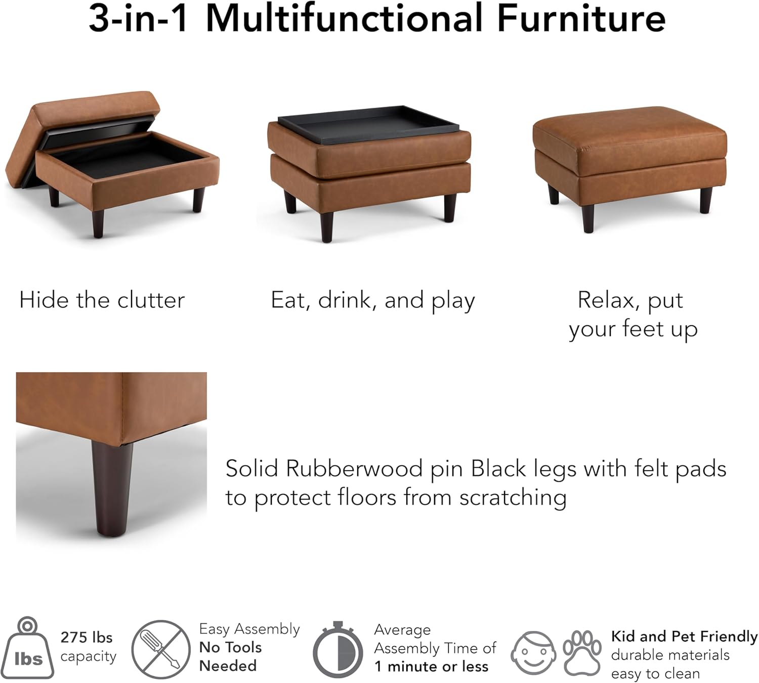 Bush Home Storage Ottoman with Tray, Living Room Furniture, Max Collection, Buffed Camel Vegan Leather