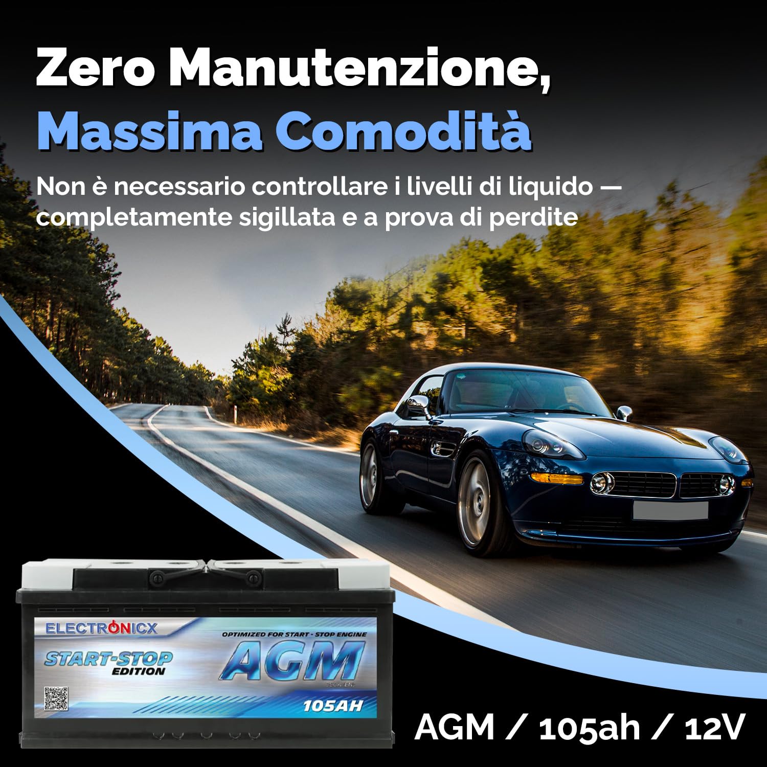 Electronicx Batteria Auto AGM 105Ah 12V – batteria di avviamento 950A EN, AGM 105 Ah, esente da manutenzione, sigillata, resistente alle vibrazioni, compatta, ad alte prestazioni, ideale per auto, SUV