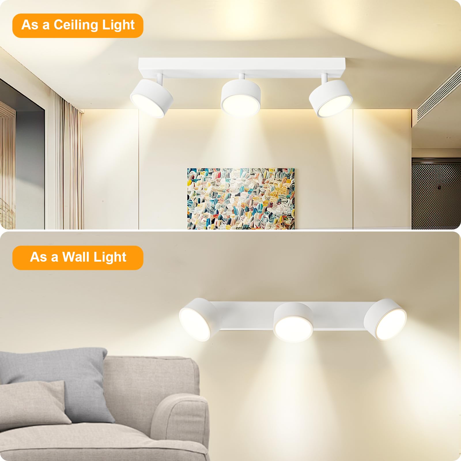 Plafoniera Lampada da Soffitto LED 3 Faretti, 18W Faretti da Soffitto Bianco Plafoniera Orientabili LED Bianco Caldo Faretto da Parete Moderna 3 Luce per Soggiorno Cucina Cameretta