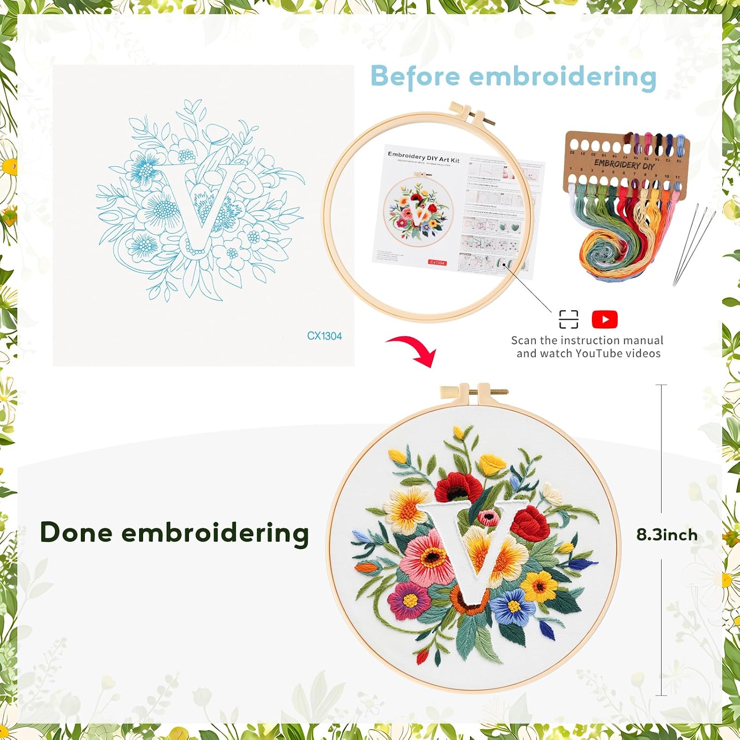 Zerzsy 7.87 '' Embroidery Kits Plant Flower Leaf English Letter Patterns for Beginners Adults, Easy to Learn Cross Stitch Kit for Home Office Decor image 2