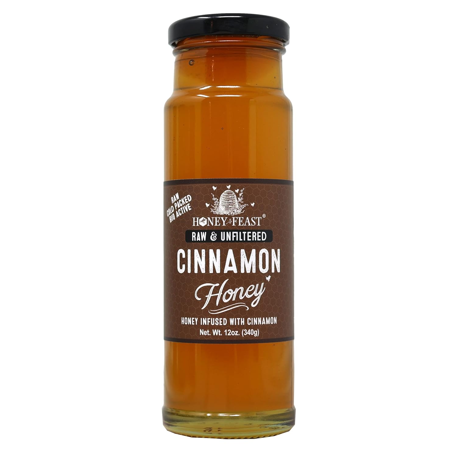 HONEY FEAST Organic Cinnamon Honey Raw and Cold Packed 12 Ounces Small Batch