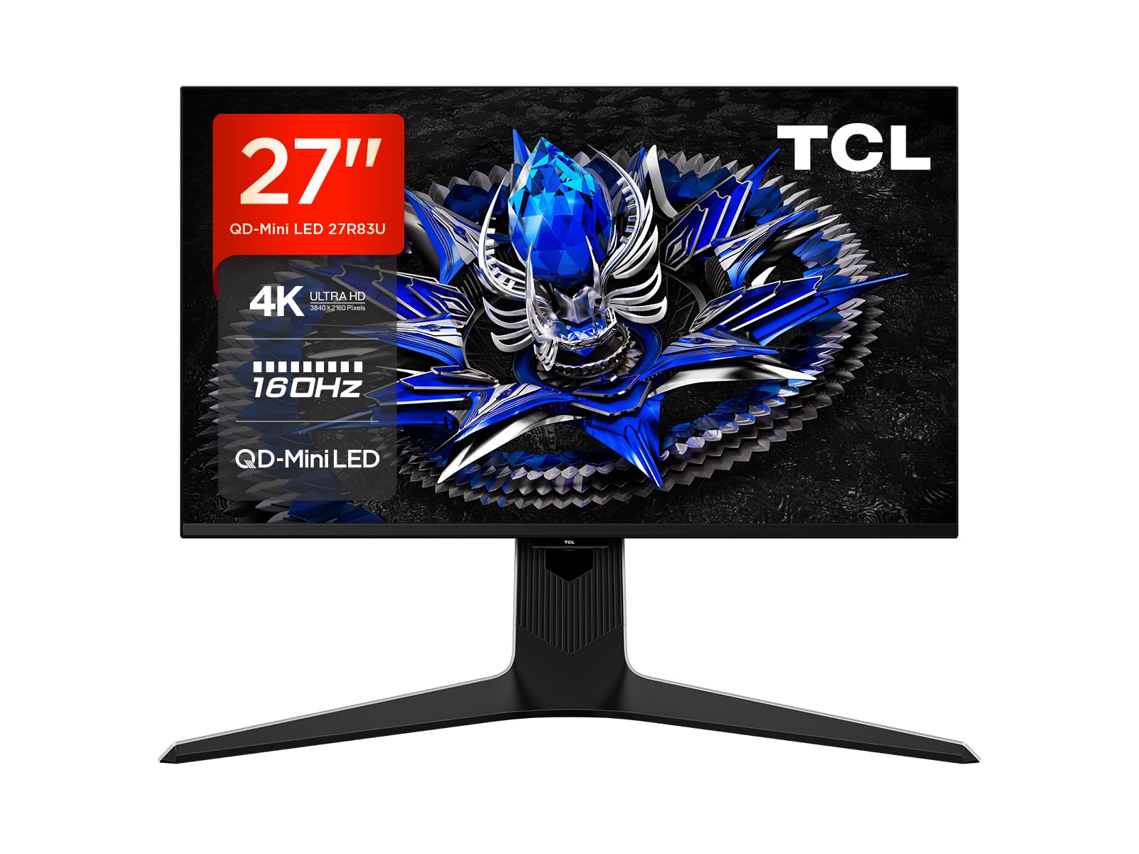 TCL 27R83U 4K UHD QD Mini-LED Gaming Monitor 27 Zoll 160Hz, 1ms Reaktionszeit, AMD FreeSync, Auflösung 3840 x 2160, 16:9, 1600nits, Anzeige HDR1400, Flicker Free, 90W Type-C