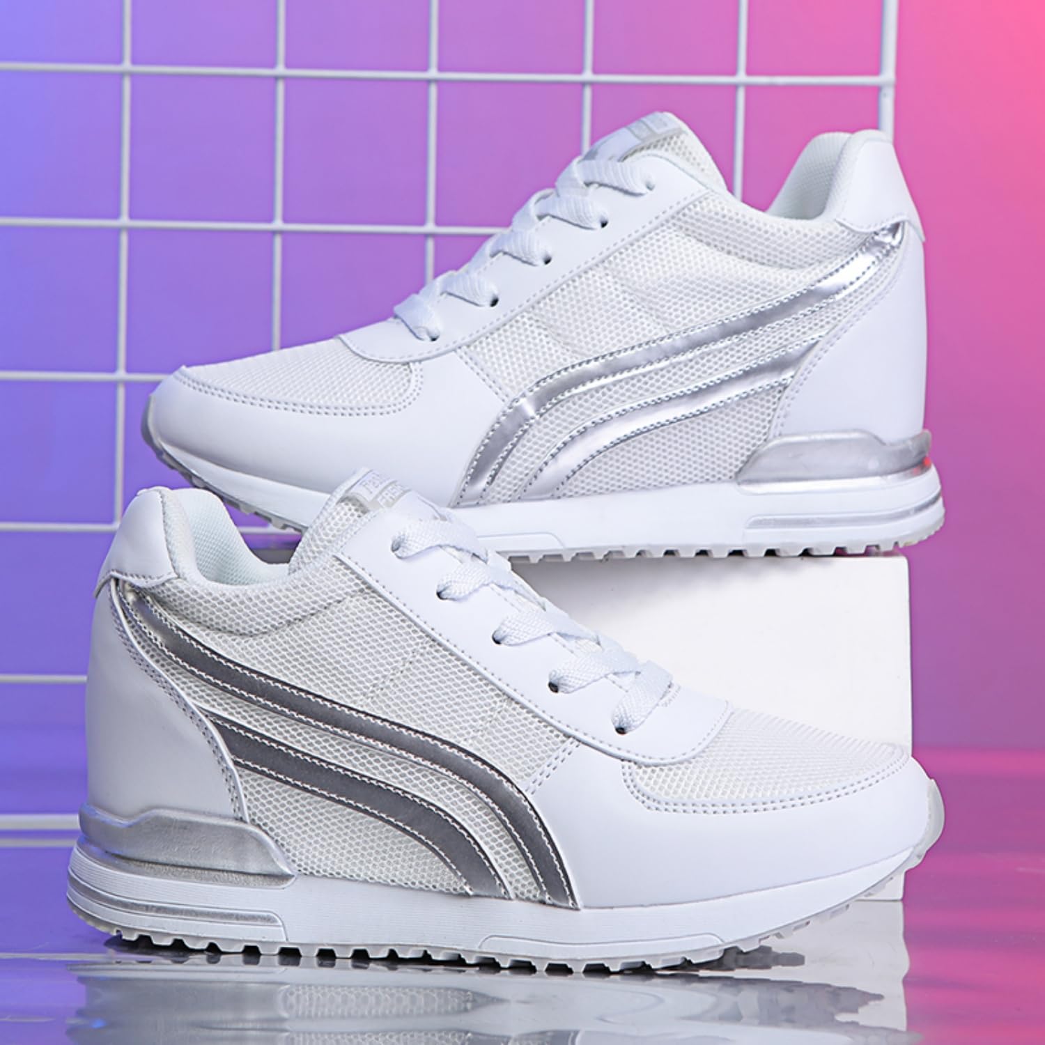 Sneakers con Zeppa Interna Donna Scarpe da Ginnastica Tacco 7CM Sneakers Platform Basse Sportive Fitness Wedges Passeggio