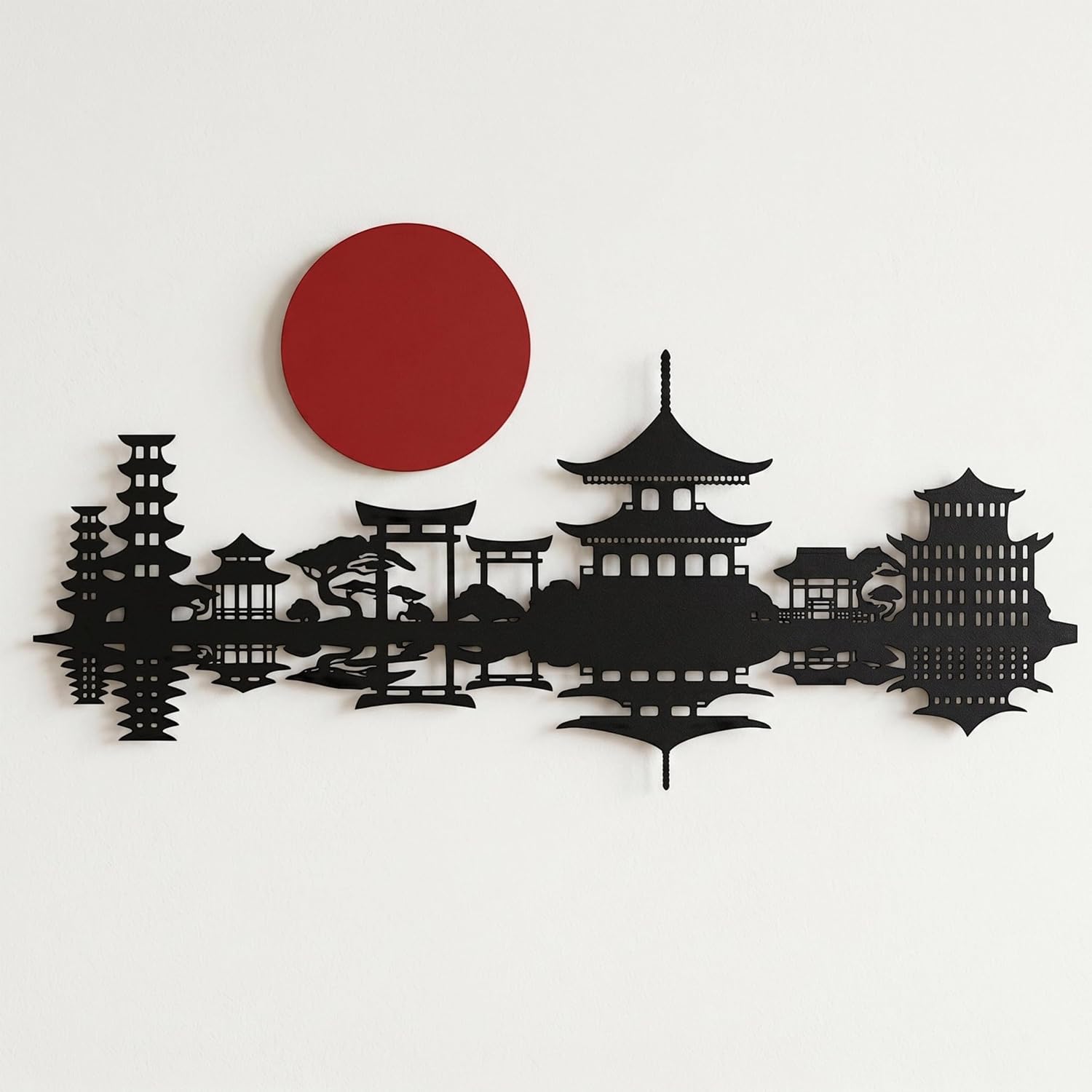 Zckjnoi Metal Japanese Wall Art with Black Japanese Tower & Red Moon, Asian Wall Decor for Home Office Living Room Bedroom Dining Room Bathroom, Unique Gifts for Friends Japan Culture Enthusiasts