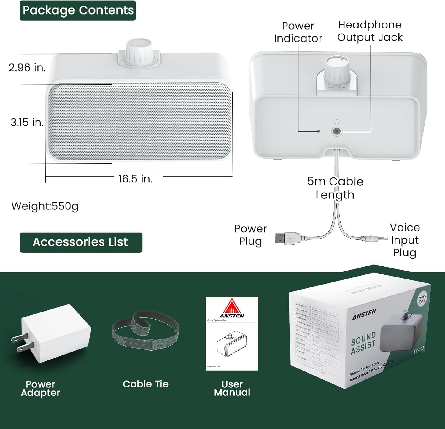 ANSTEN Altavoces para TV, Plug and Play, Altavoces TV con Cable de 5m, Sin Retraso de Audición, Altavoz de TV para Personas Mayores y con Discapacidad Auditiva | Altavoces para TV para personas mayores y con discapacidad auditiva, sin retraso de audio