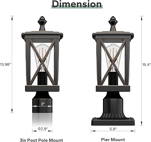 Miniatura 5 de Meluaim Paquete de 2 luces de poste para exteriores, iluminación de farol de poste con base de montaje en muelle, lámpara de poste