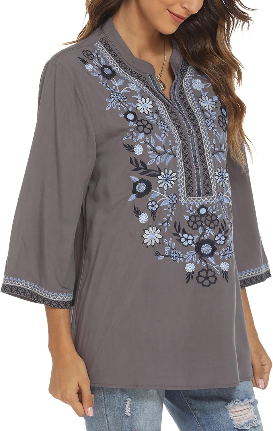 Traditional Mexican Embroidered Peasant Tops for Women, Plus Size Vintage Floral Tunic Shirts, Flowers Embroidery Blouses - Image 3
