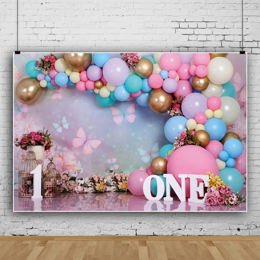 First Birthday Backdrop for Girl Flower Pink Purple Balloon Backdrops Sweet One Year Old Photography Cake Smash Background for Baby Girl Flowers Butterfly Kids 1st Birthday Banner Decorations 7x5ft — view 5