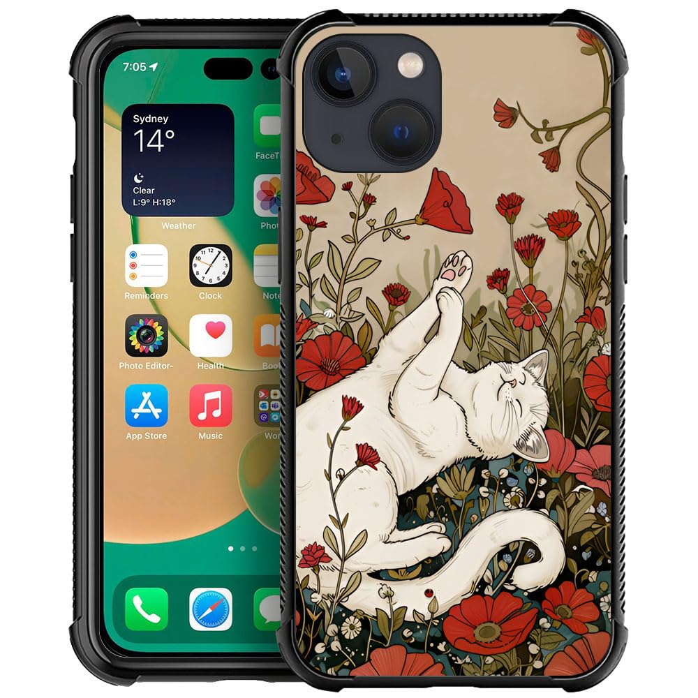 DJSOK Case Compatible with iPhone 13,H Morning Glory Cat with Four Corners Shockproof Protection Soft TPU Bumper and Hard PC Pattern Back Case for