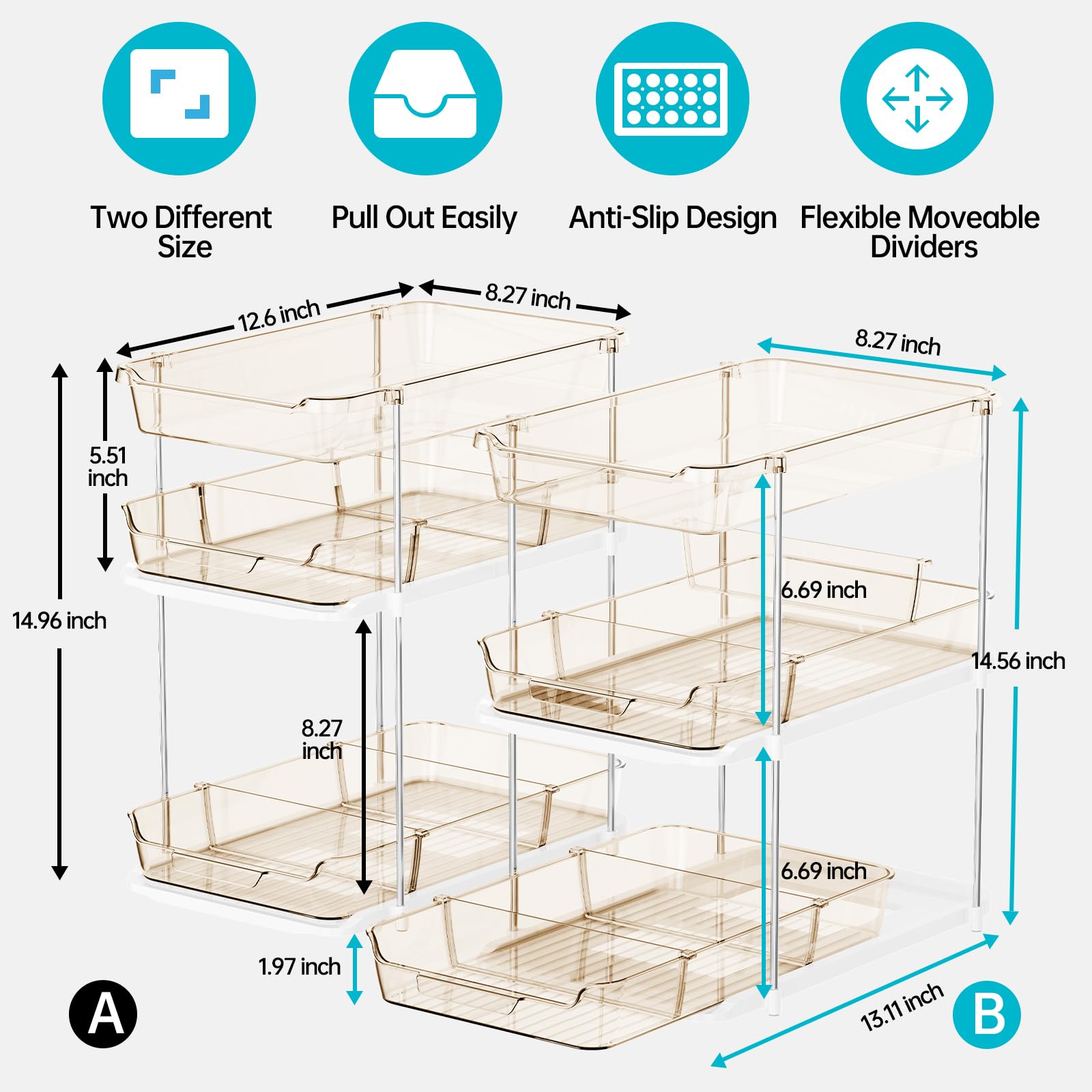 Delamu Confezione da 2 organizer da bagno a 3 ripiani, multiuso, impilabili, per dispensa e stoccaggio, estraibili, trasparenti, con divisori mobili, color ambra