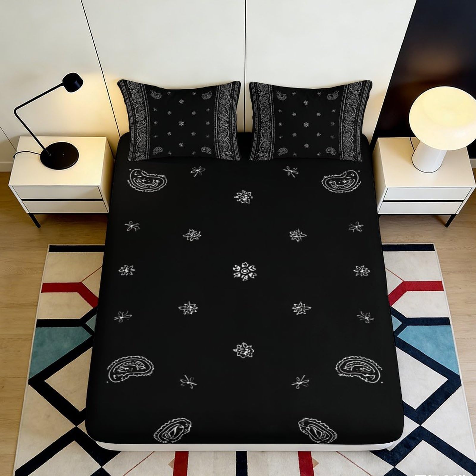 3D Printed Paisley Mandala Fitted Sheet Microfiber Soft Black Mattress Cover for Bedroom Guest Room Decor Dustproof 90x200x25cm
