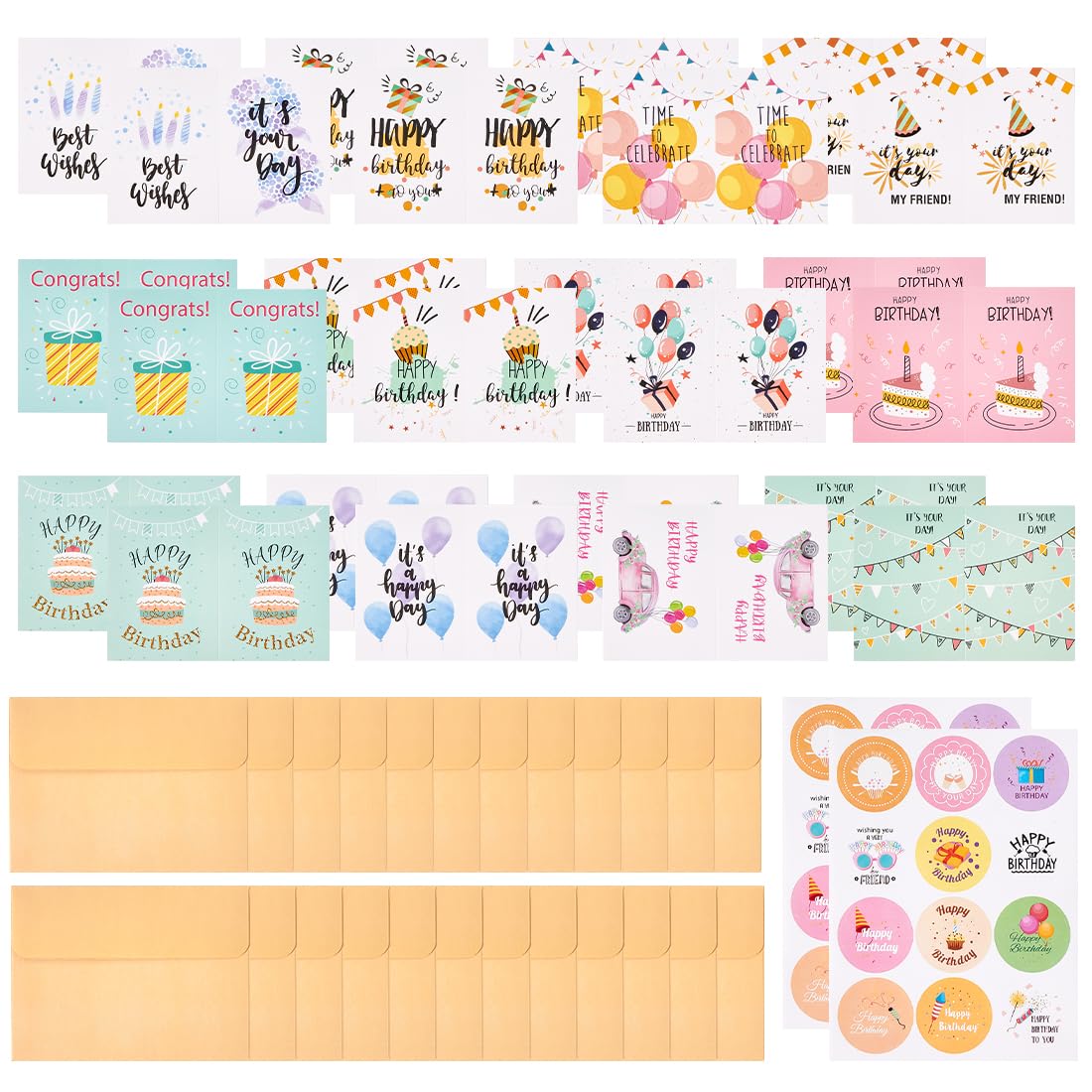 Youteer 24 Pack Assorted Birthday Cards Set, 8.3 x 5.5 Inches Birthday Cards Bulk with 24pcs Envelopes and Stickers for Friend Adult Teen.