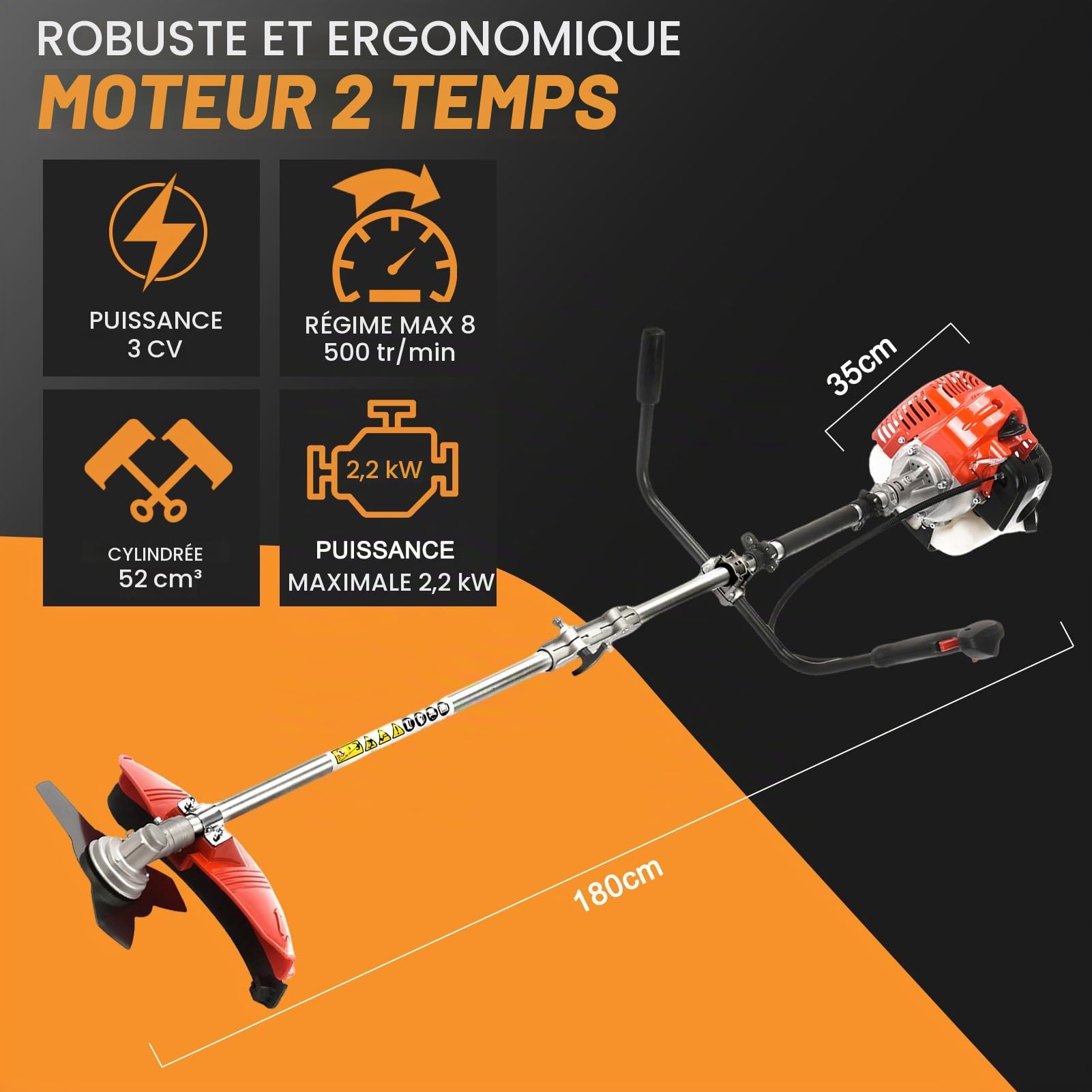 Débroussailleuse Thermique à 52cm³ 2 Temps 2,2KW, Debrouissalleuses à Dos avec Lame 3 Dents et Tête de Coupe en Nylon, pour Jardin et Défrichage (Rouge)