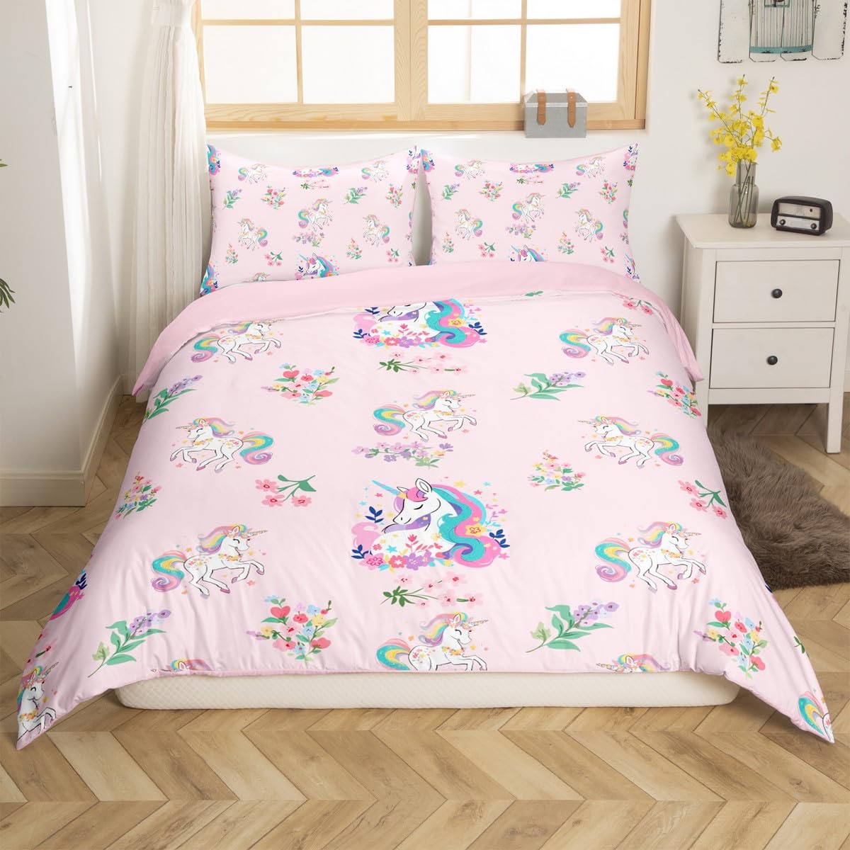 Homemissing Unicorn Duvet Cover Set Cot Size Princess Girl Bedding Set Floral Flower Kawaii Rainbow Duvet Cover with 1 Pillowcase Rainbow Pink โ image 1