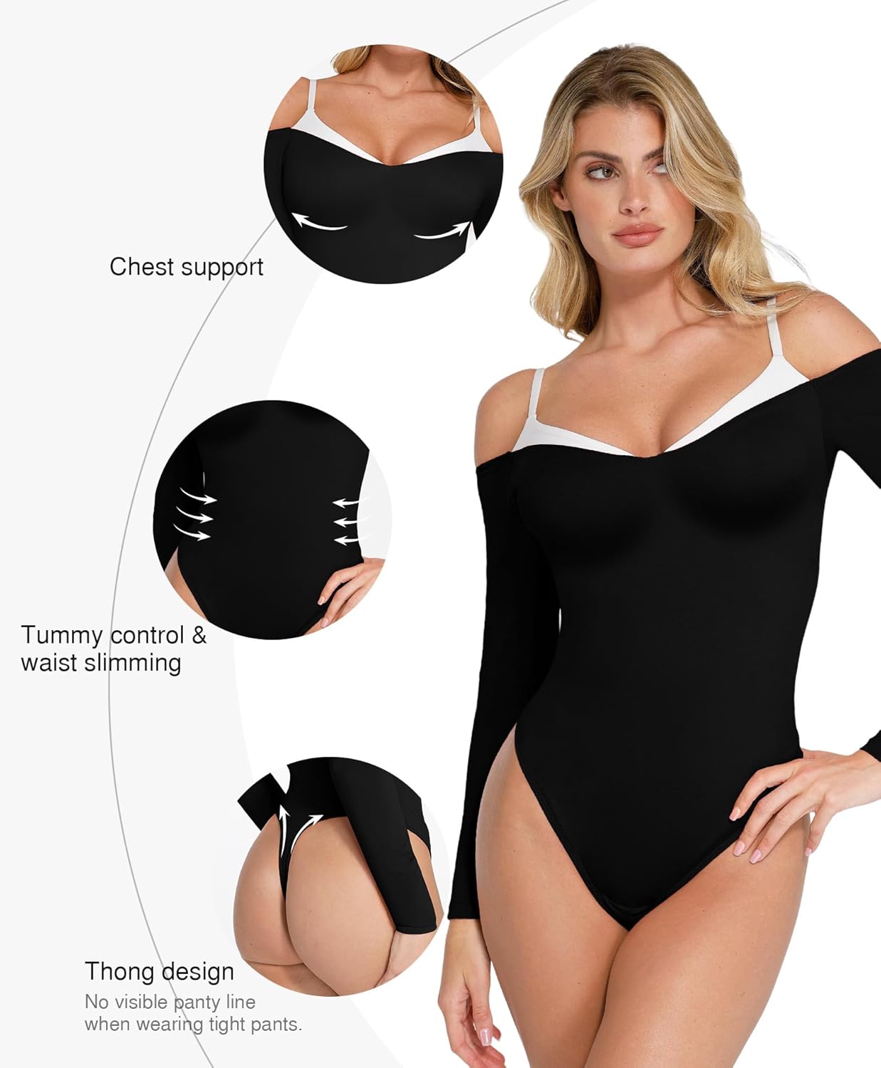 Popilush Long Sleeve Bodysuit Off The Shoulder Tops For Women Tummy Control Body Suit Built In Bra