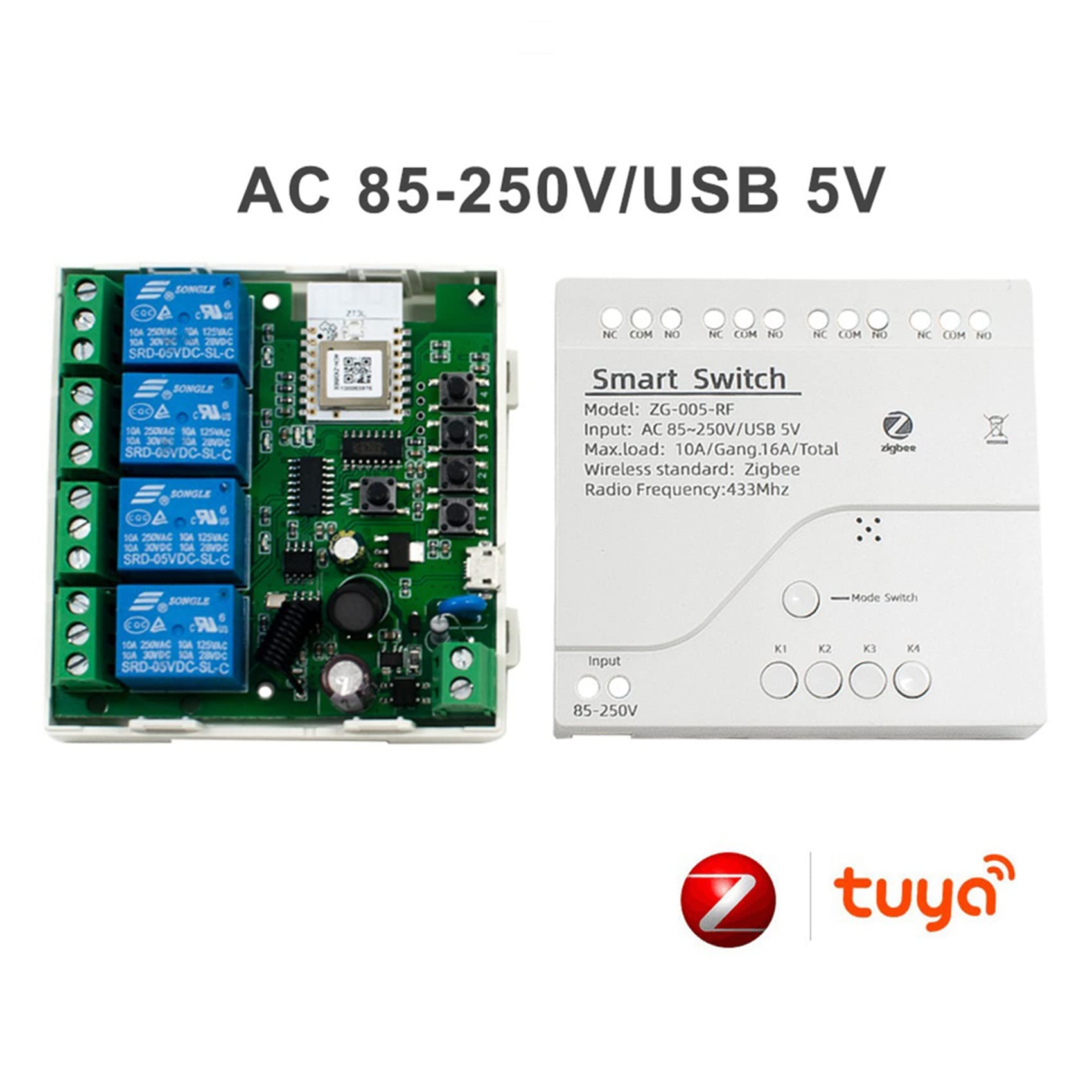 4X 4CH Zigbee Smart Light Switch AC 85-250V RF433 Empfangen 10A Relais Arbeiten mit Assistant, Tuya Smart Life