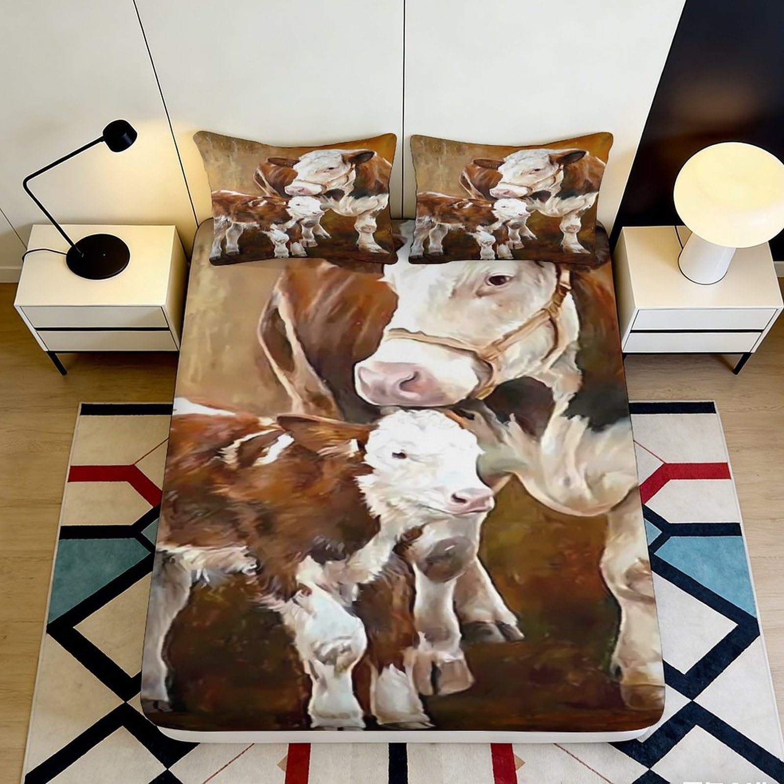 3D Printed Cow Pattern Fitted Sheet Microfiber Soft Durable 3D Printed Calf Mattress Cover for Bedroom Dorm Dormitory Guest Room Protection 140x200x25cm