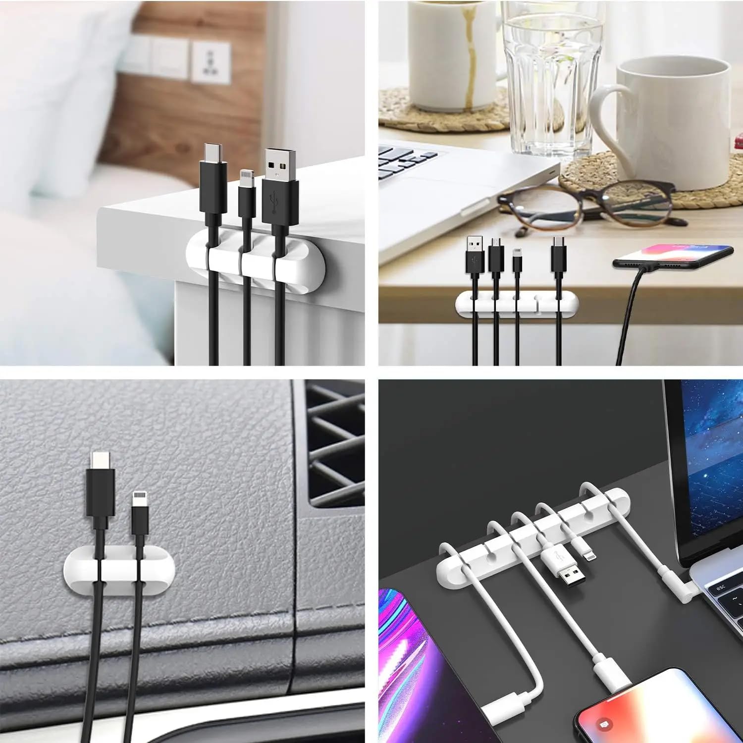 Paquete de 5 clips de gestión de cables, organizador de cables adhesivo para escritorio, coche, mesita de noche, oficina, hogar, se adapta a cables de carga USB, cables de alimentación, auriculares (7