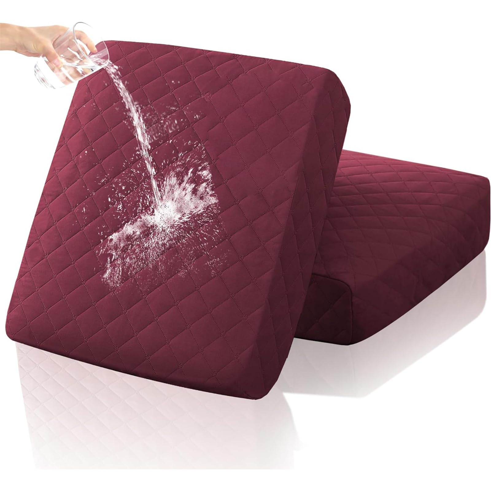 Waterproof Sofa Cushion Covers, Removable Sofa Couch Seat Covers with Elastic Bottom, Washable Furniture Slipcovers Protector from Thick Quilted Fabric (2 Pcs,Burgundy)