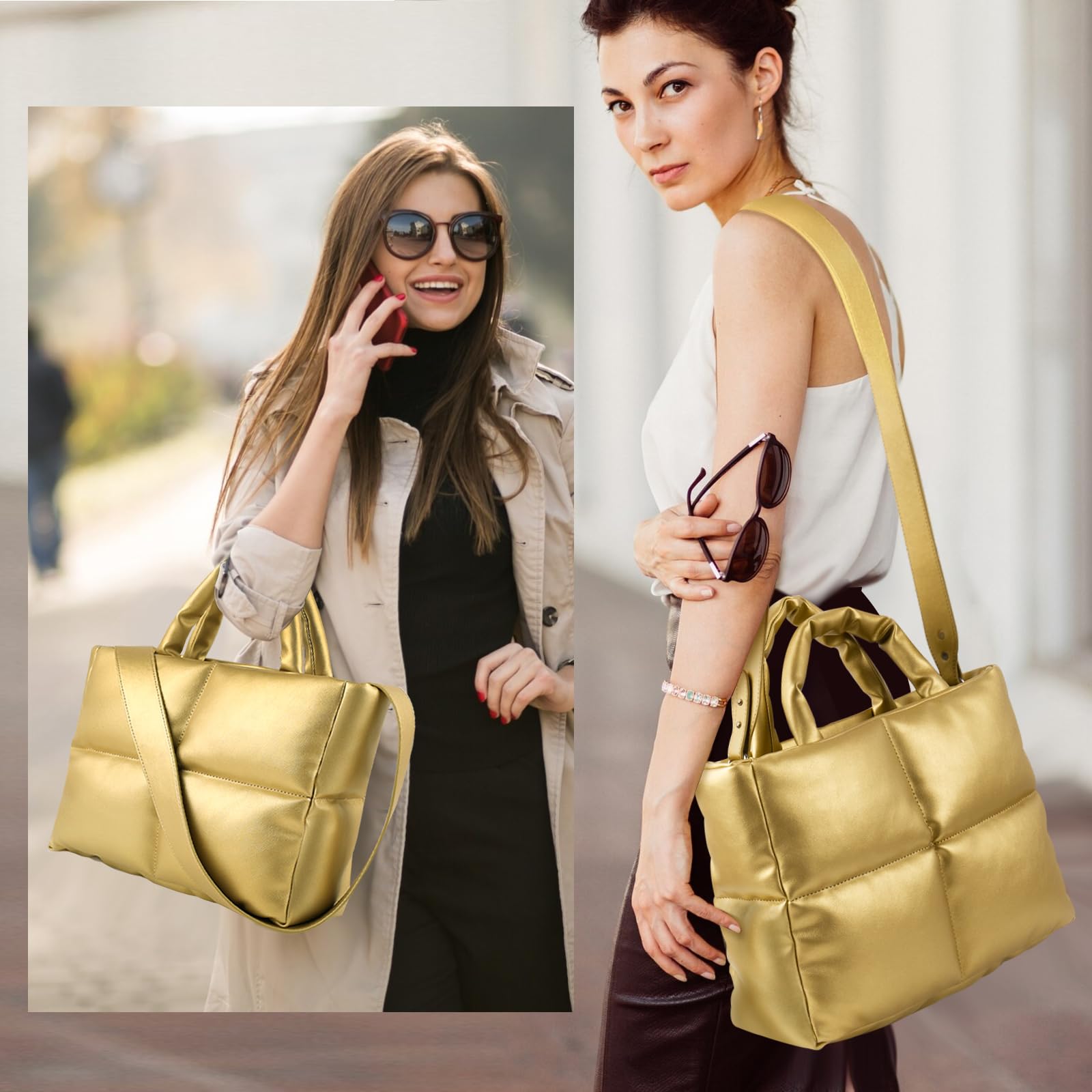 CANOX acolchado bolsos de mano, bolso de hombro de cuero de la PU Puffer Tote Bag con cremallera, Crossbody bolso de hombro Hobo Bag para las mujeres