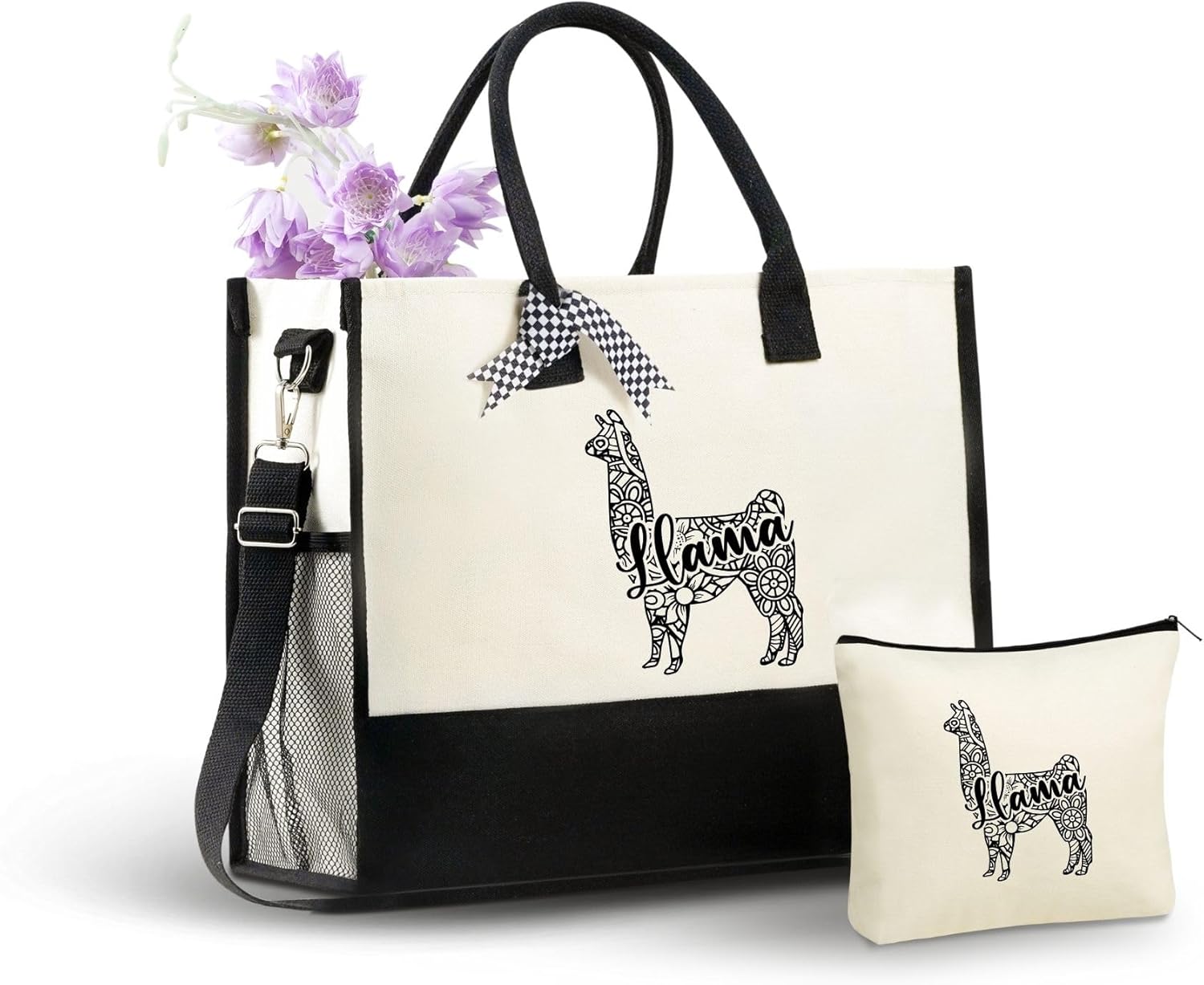 InnoBeta Llama Gifts for Women, Canvas Tote Bag for Daughters, Friends, Coworkers, Bag with Top Zipper Closure and Shoulder Strap for Birthday