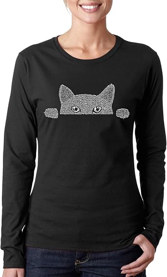 LA POP ART Womens Word Art Long Sleeve T-Shirt - Peeking Cat