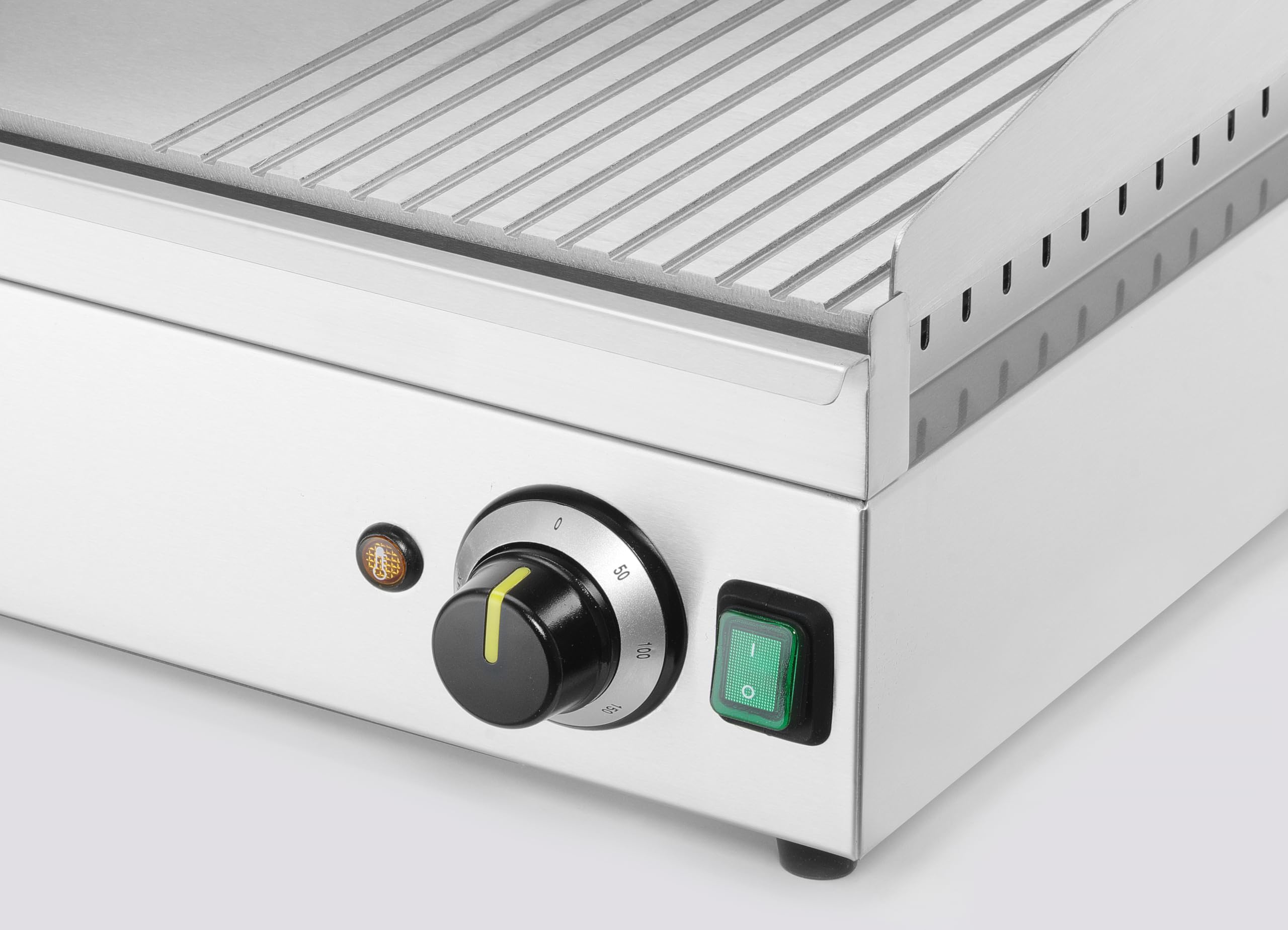 HENDI Plancha de asar eléctrica mixta 2/3 lisa y 1/3 acanalada, grill parrilla con bandeja de goteo extraíble, temperatura regulable hasta 300°C, 230V, 3500W, 697x474x(H)233mm, acero inoxidable