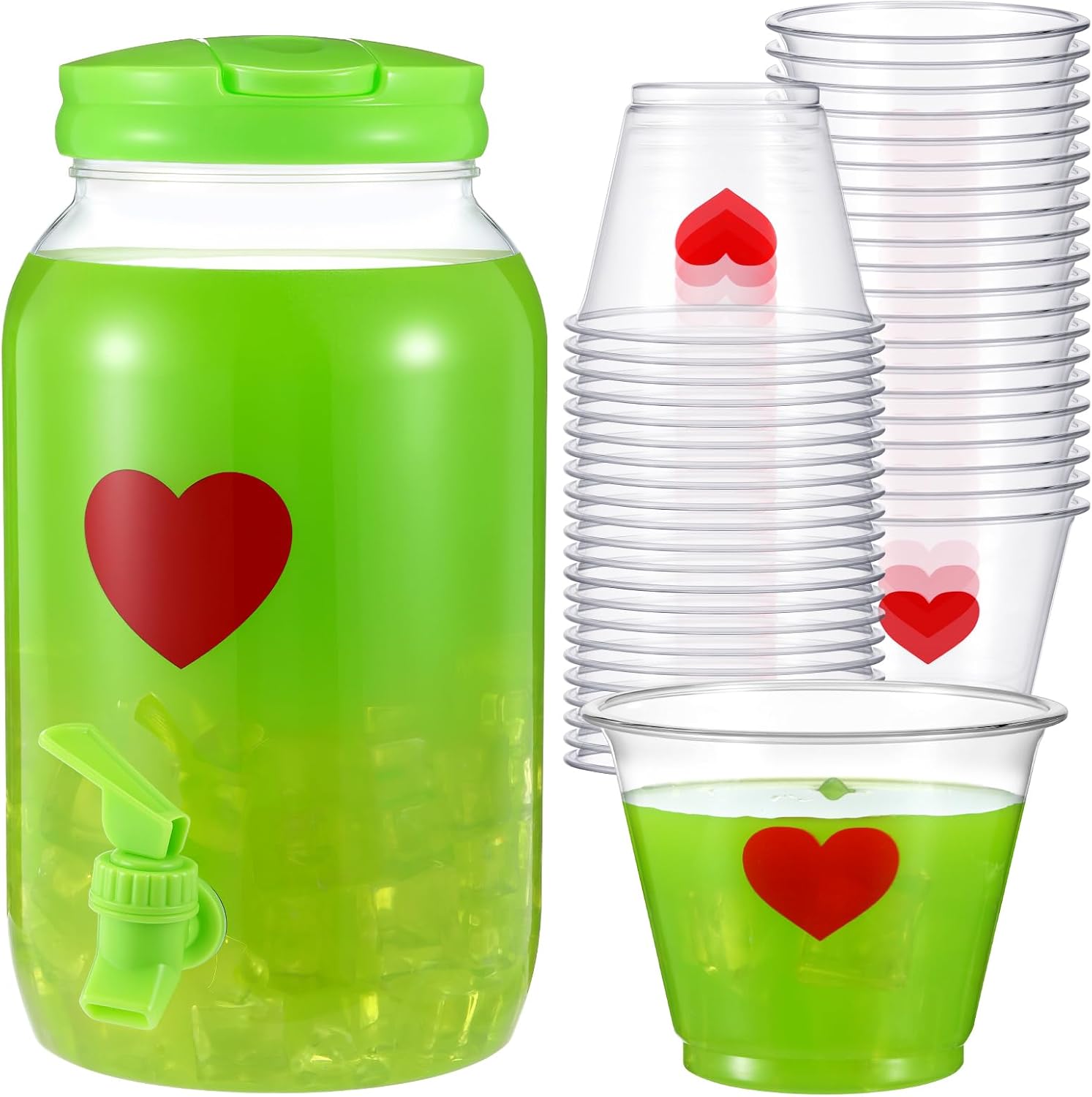 Potchen 1 Gallon Christmas Drink Dispenser & 25 Red Heart Cups for Punch