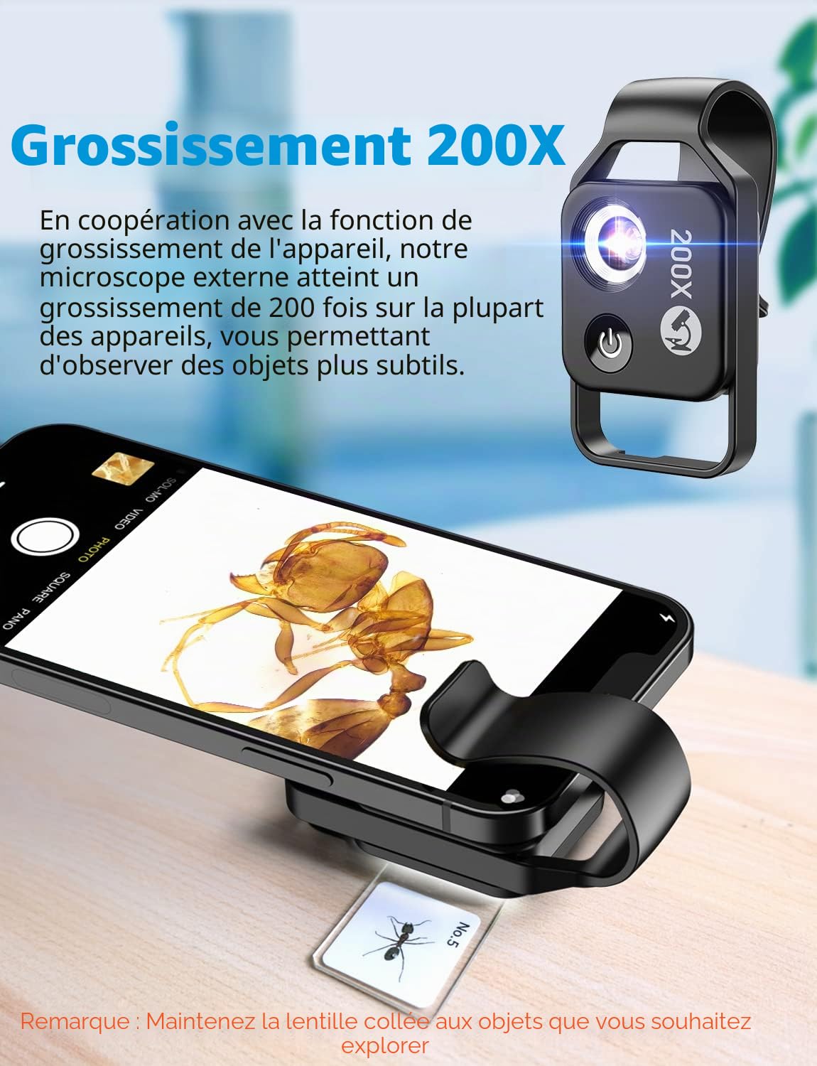 APEXEL Microscope à Clipser pour téléphone, 200 microscopes de téléphone avec Lames de Microscope pour Que Les Enfants puissent Explorer Micworld (Noir)