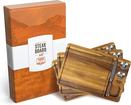 Yukon Glory Tabla de carne para servir carne carne y aves de corral con estilo madera de acacia premium incluye tazas de salsa y cuchillo para carne