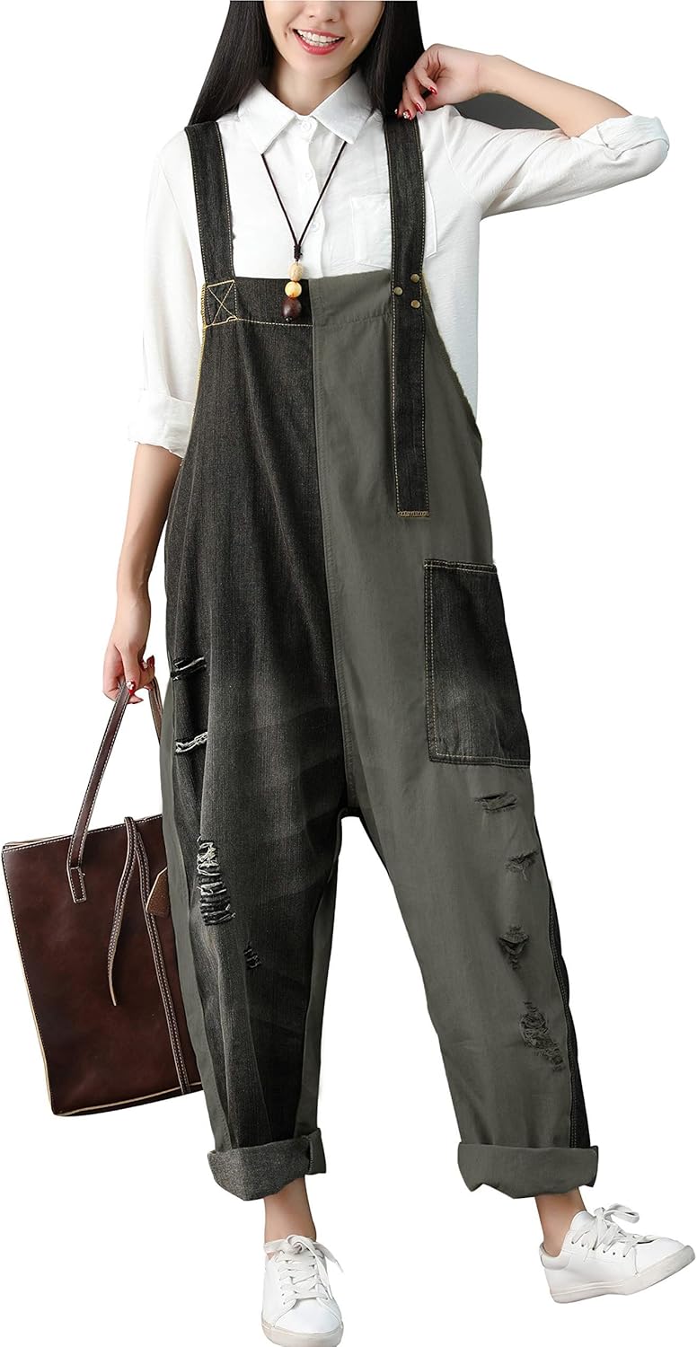 Yeokou Women's Loose Baggy Denim Wide Leg Drop Crotch Jumpsuit Rompers Overalls
