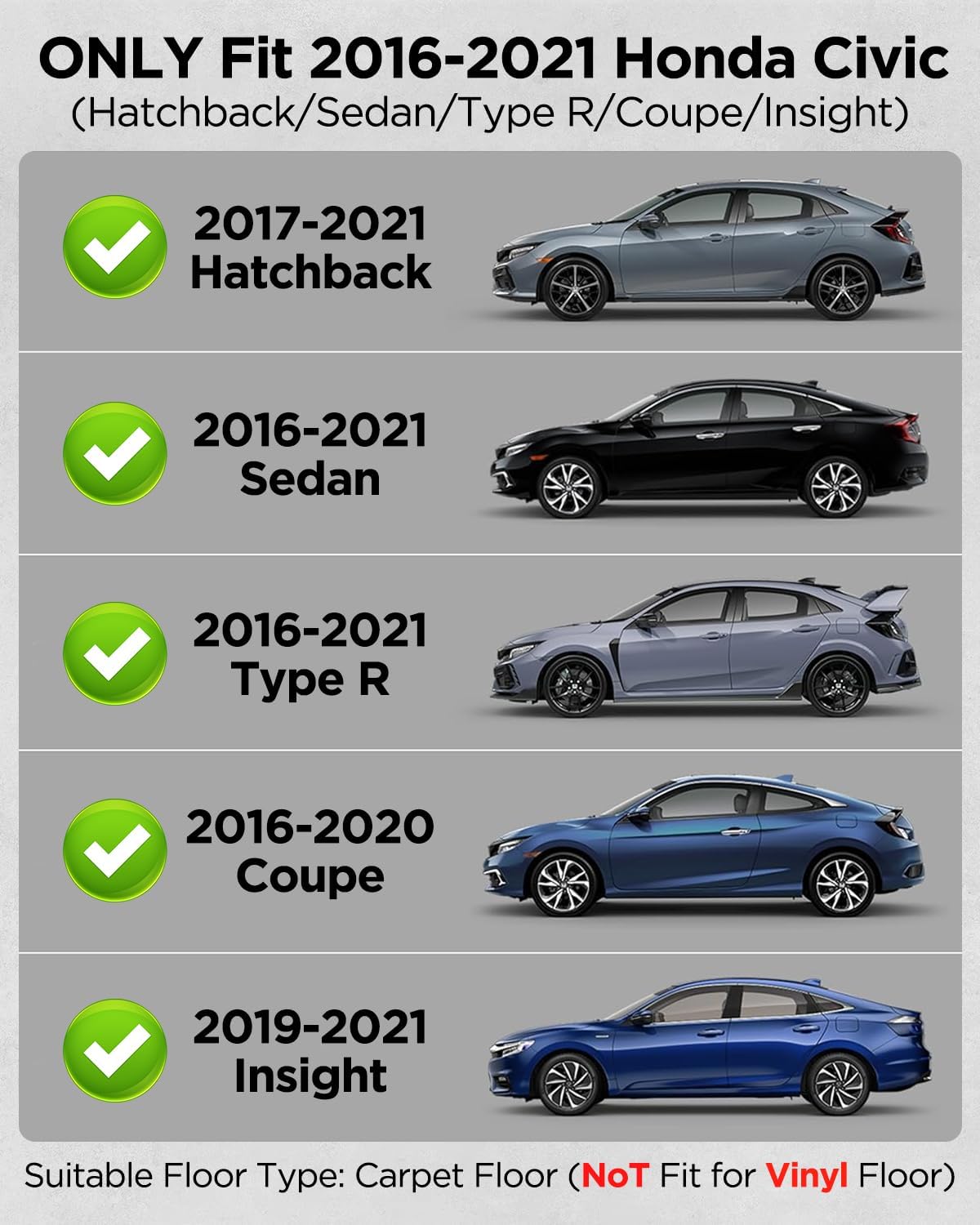 Car Floor Mats for Honda Civic: 2016 2017 2018 2019 2020 2021 All Weather Rubber Floor Liner Custom Accessory Front Rear Carpet Fit for 10th Gen 4 Door Sedan Hatchback Type R Insight | 2 Door Coupe