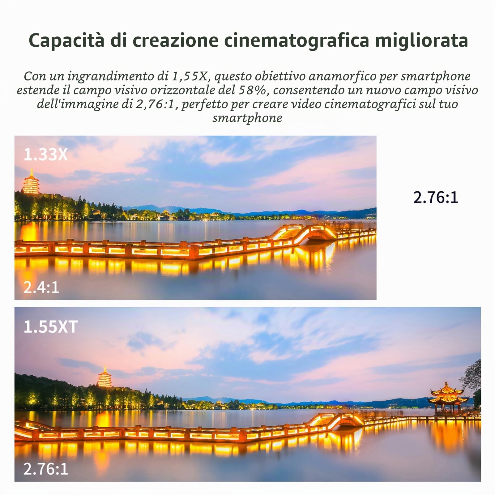 Andoer Obiettivo cinematografico anamorfotico per smartphone, deformazione 1,55x, clip universali, borsa trasporto