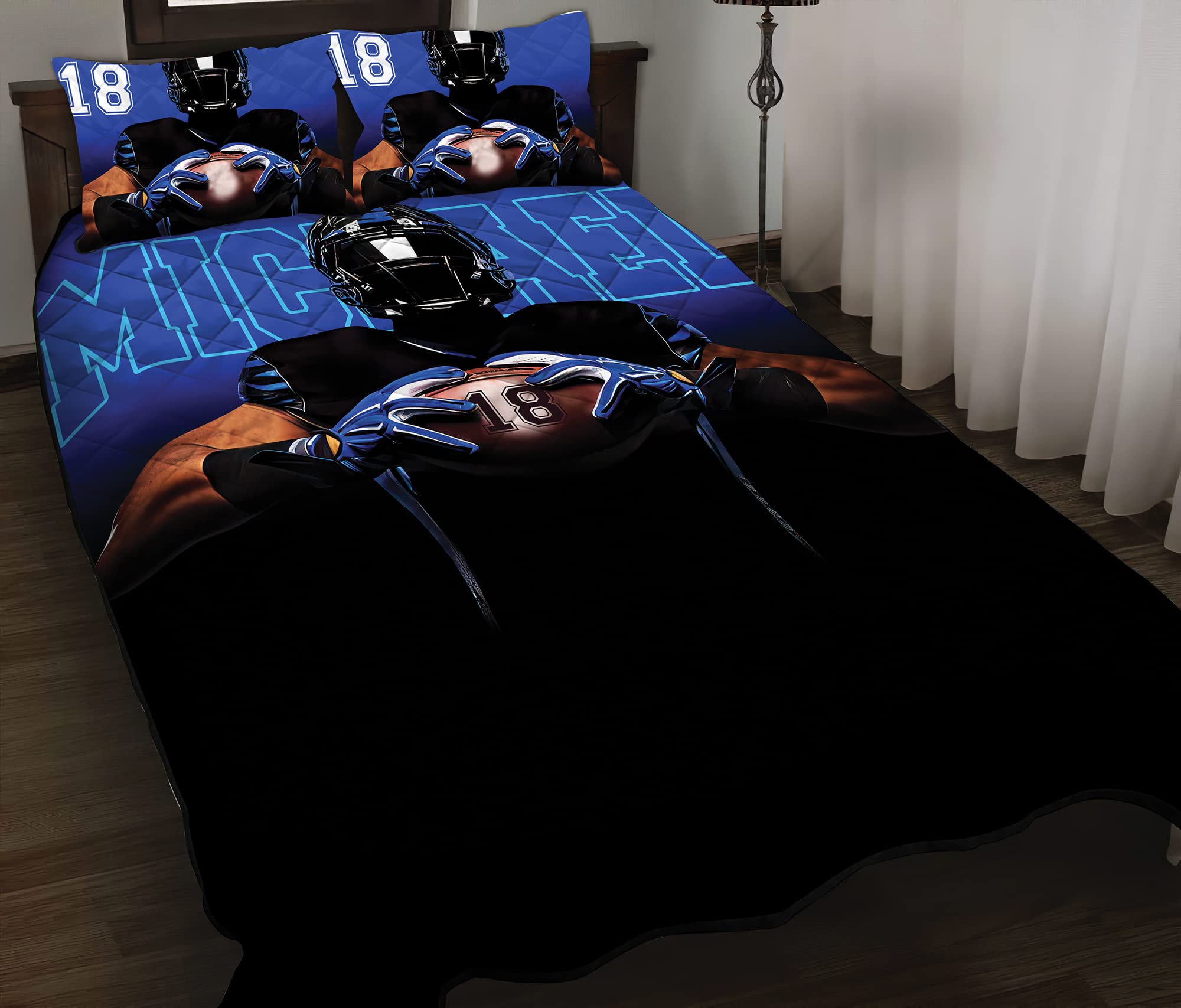Encyhouse Custom Footballer Hold The Ball Quilt Set, Boys Football Comforter King Queen Twin Throw, Sports Bedding Quilt, Ultra Soft Lightweight Finely Stitched All Season Football Blanket