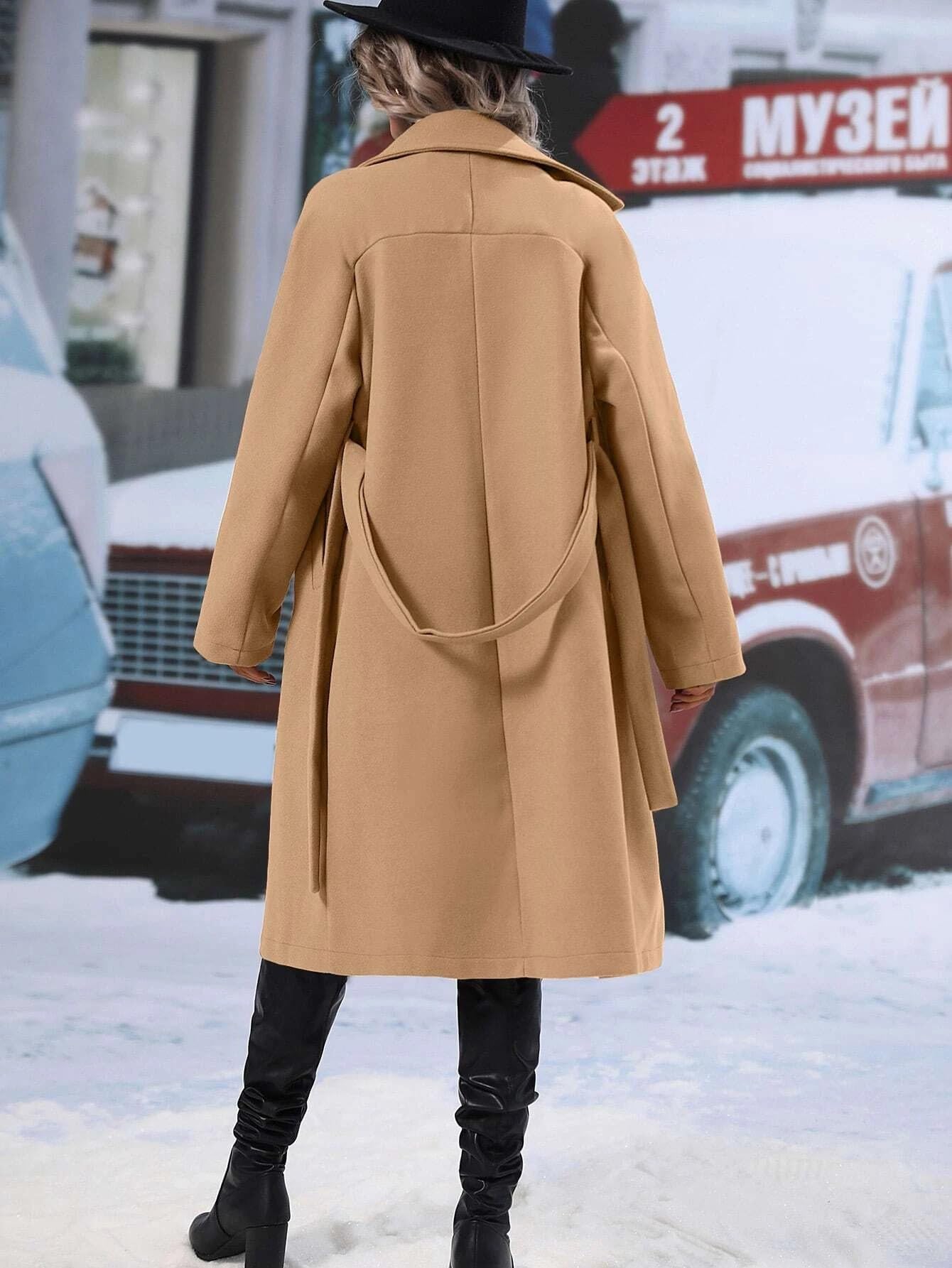 Cappotto lungo da donna in lana con risvolto dentellato Trench doppiopetto Cappotto invernale caldo con cintura