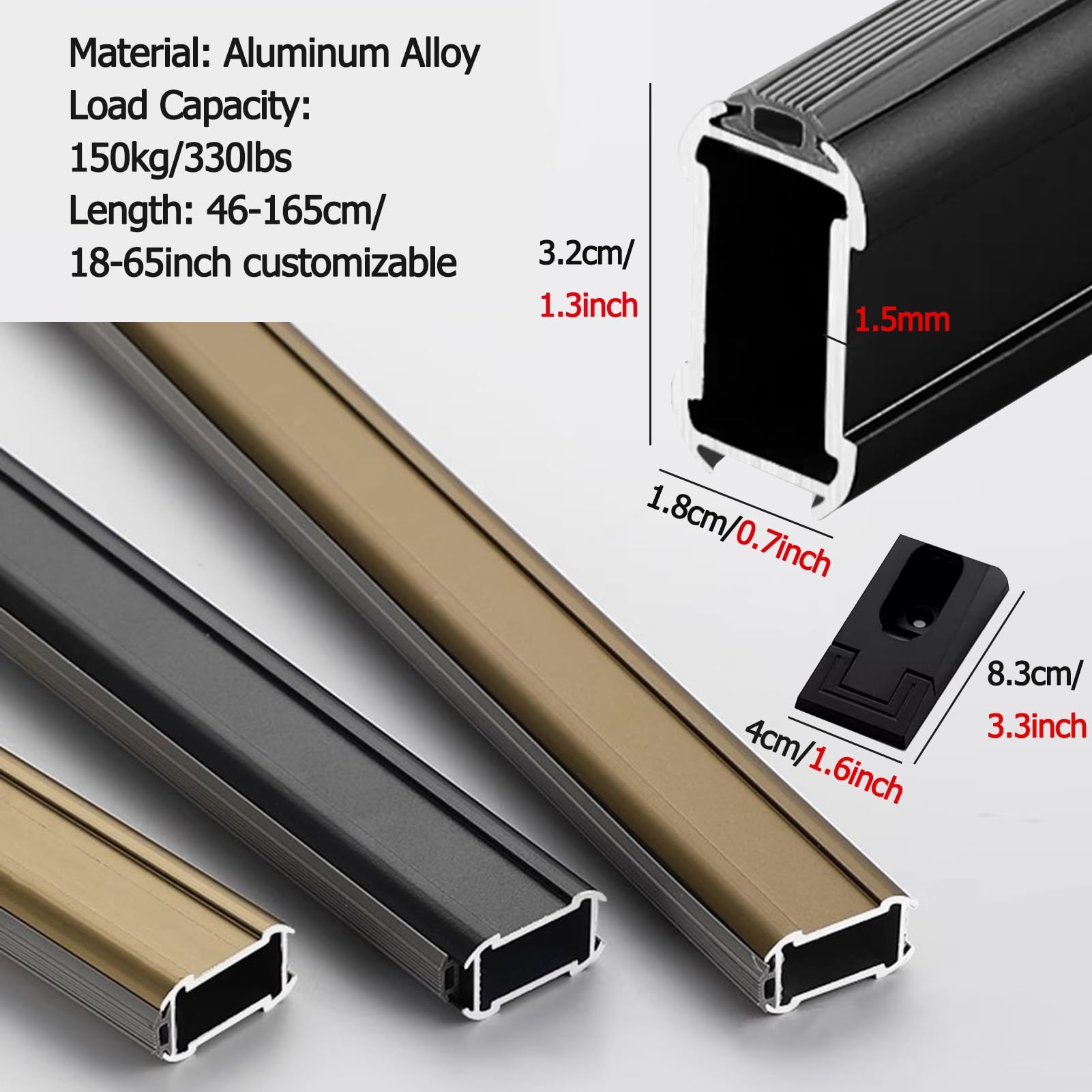 Drążek na ubrania, wytrzymały drążek na ubrania z aluminium do zawieszenia ubrań, 96,5 cm na ubrania z 2 kołnierzami, trwały drążek na ubrania do spania