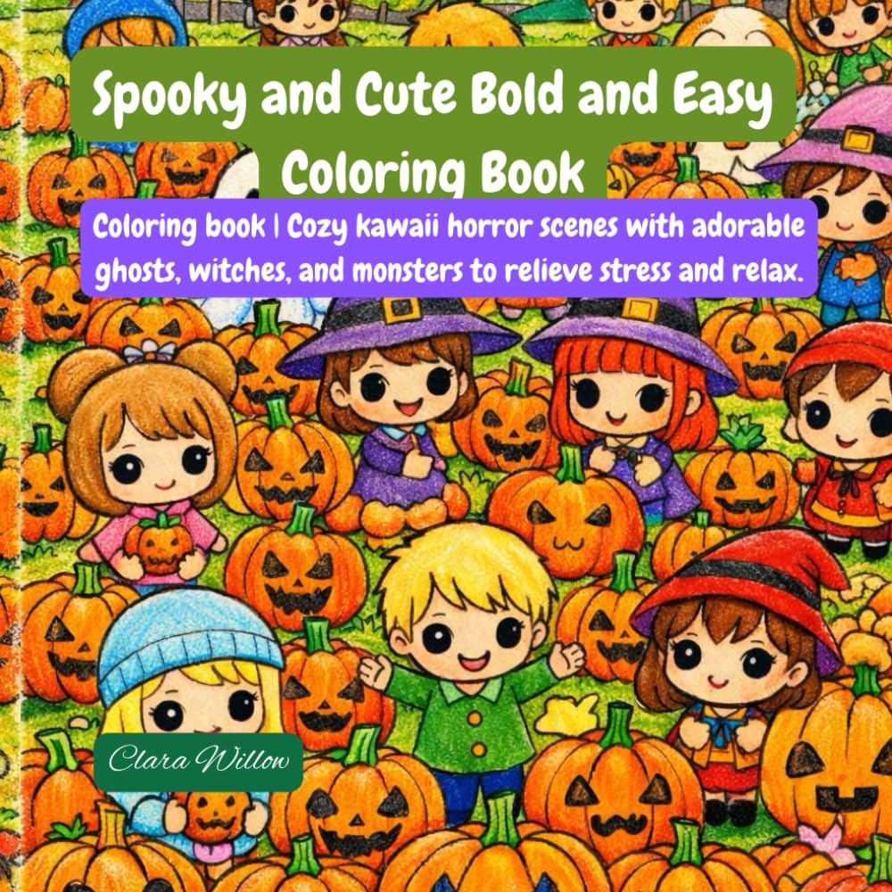 Spooky and Cute Bold and Easy Coloring Book: Coloring book | Cozy kawaii horror scenes with adorable ghosts, witches, and monsters to relieve stress and relax. (Libros para Colorear)