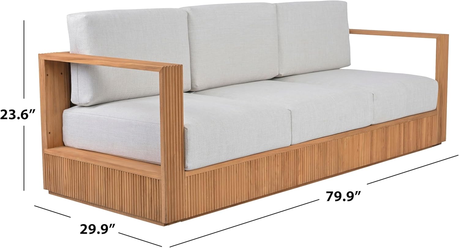 SAFAVIEH Couture Outdoor Patio Furniture Collection – Saint Lucia Natural Teak Wood Patio Sofa with White Cushions, Reeded Outdoor Sofa (CPT1074A)