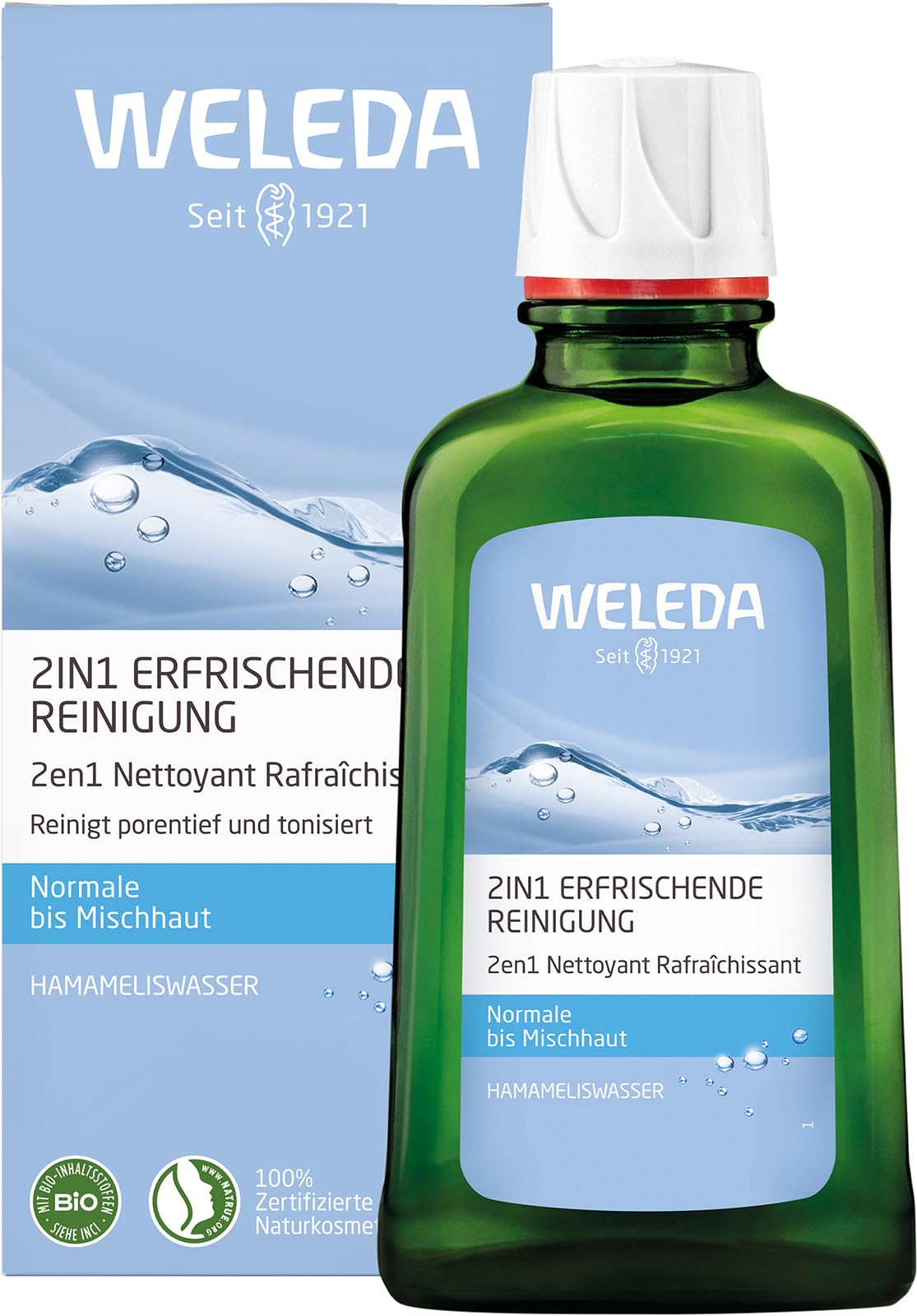 WELEDA Bio 2in1 Erfrischende Reinigung, Naturkosmetik Gesichtswasser und Make-up Entferner zur porentiefen Reinigung und Pflege von Gesicht, Haut und Hals (1 x 100 ml)