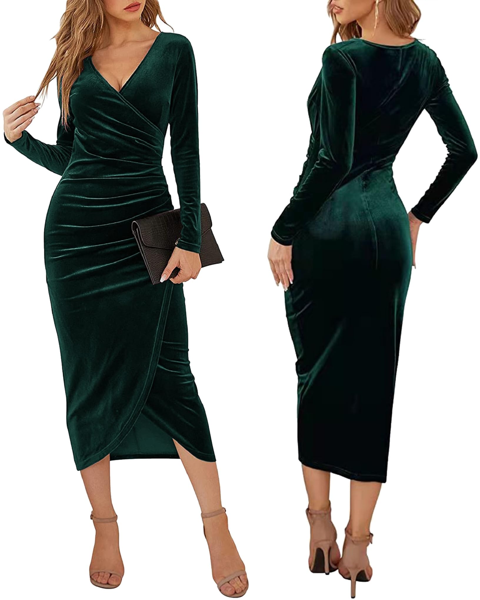 Damen Abendkleid Winterkleid Elegant Samtkleid Weihnachtskleid V-Ausschnitt Cocktailkleid Langarm Festliche Kleider Vintage Partykleid Retro Kleider Winter Hochzeit Kleid