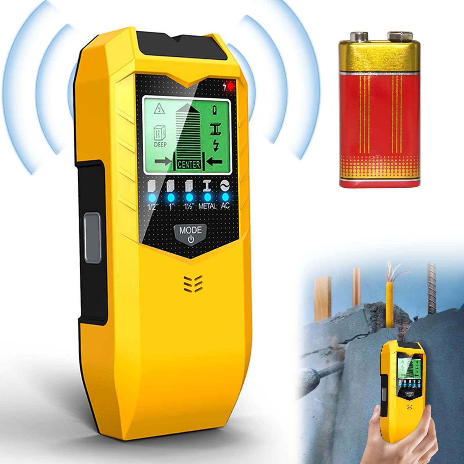 Détecteur de fils 5 en 1 - Scanner mural - Avec écran LCD et alarme sonore - Pour trouver des lignes électriques, des poutres en bois, des tuyaux métalliques, etc. - Jaune