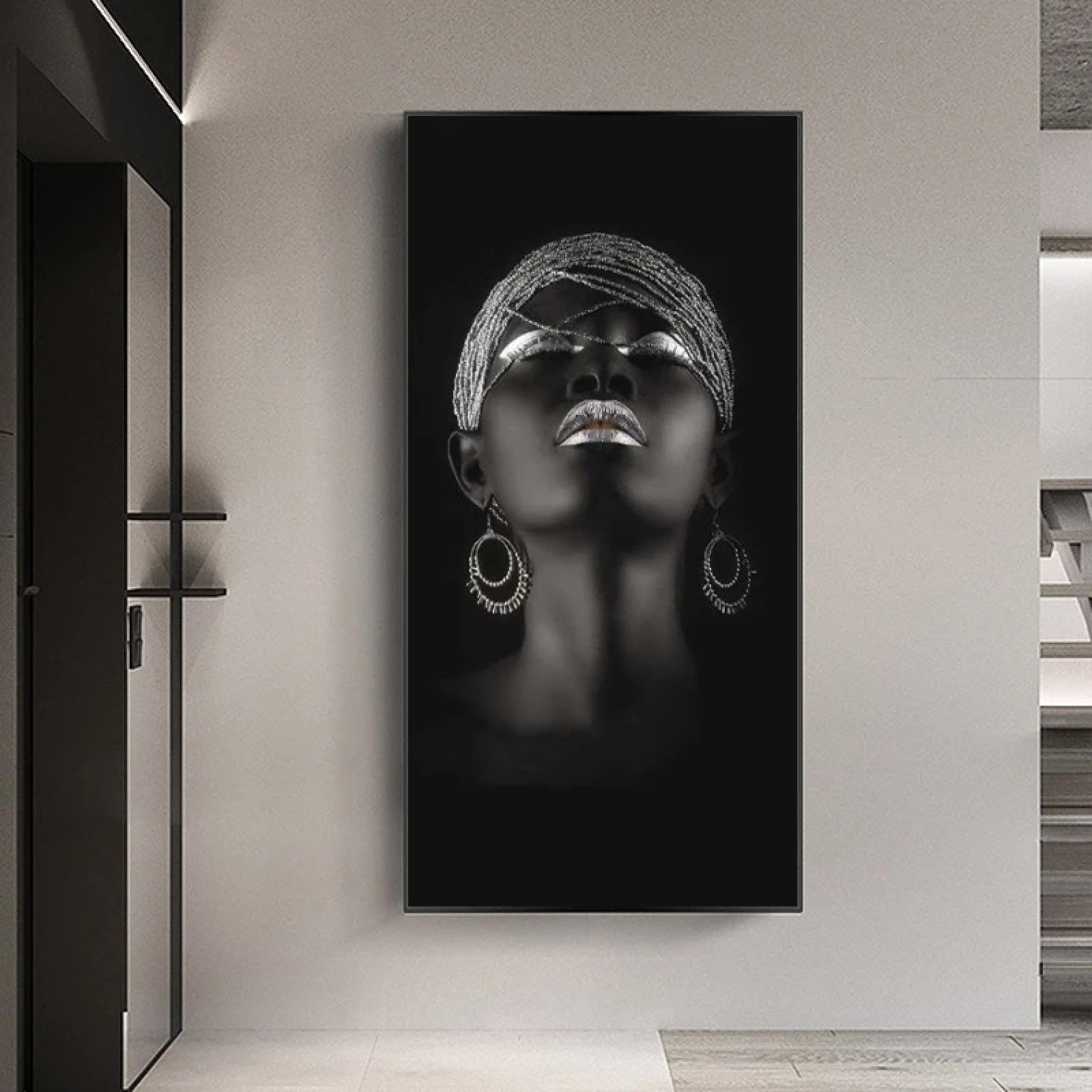 ZHAOLIN Donna nera con gioielli in argento Dipinti su tela Immagini da parete Immagini di arte africana Poster e stampe per la decorazione domestica moderna 60x120 cm (24x47 pollici) Senza cornice
