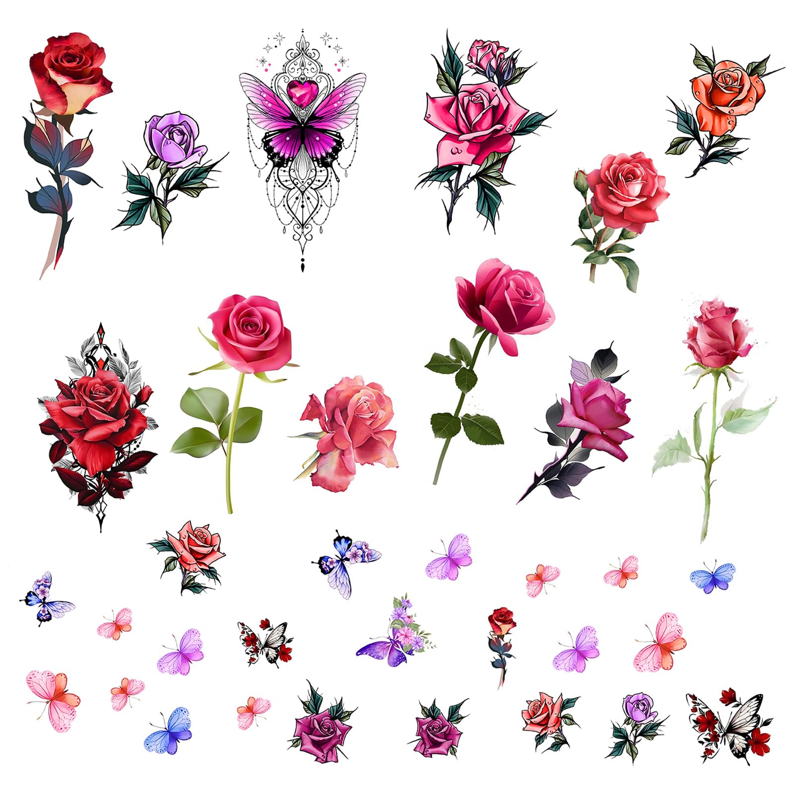 Temporary tattoos for women and girls Arm flower butterfly tattoo sexy elegant roses, small flowers long-lasting a week (rosy)