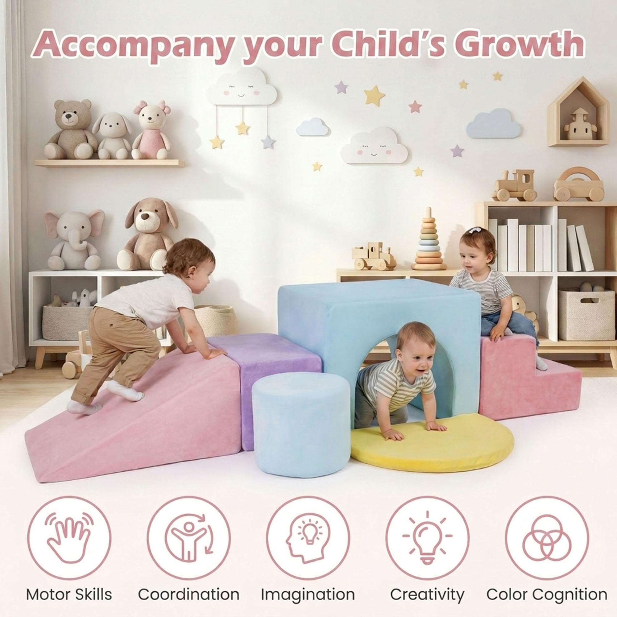 LIFEZEAL 6 Blocchi Morbidi per Bambini 3+ Anni, Costruzini Lavabili con Arrampicata, Scivolo e Scaletta, Mattoncini in Schiuma a Diverse Forme, Giochi Sensoriali per Cameretta e Asilo (Rosa)