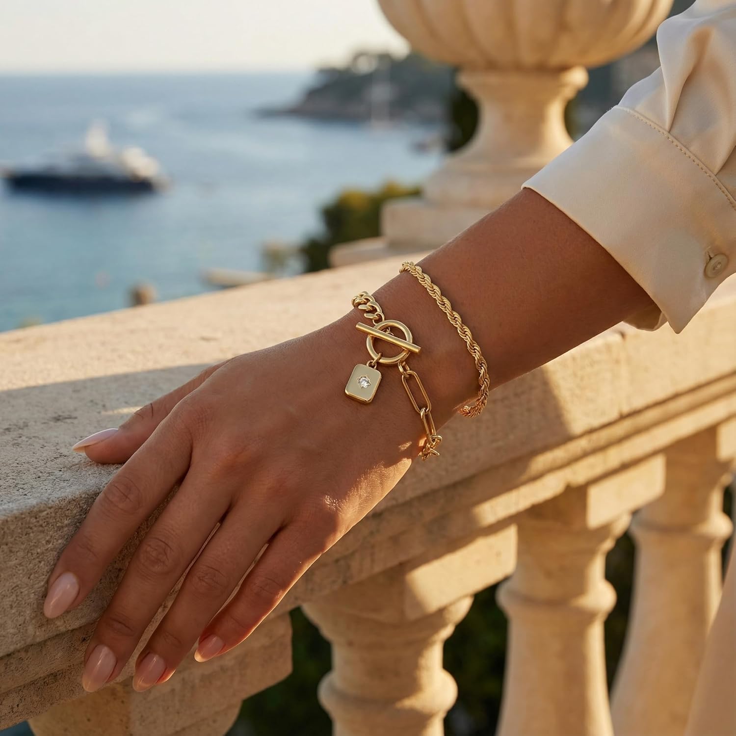 YEEZII Gold Bracelets for Women, 14K Gold Plated Stackable Bracelet Stack with Cuff Bracelet Rope Chain cuban link bracelets Paperclip Toggle Pendant，Adjustable Layered Jewelry Set Gifts for Women - Image 5